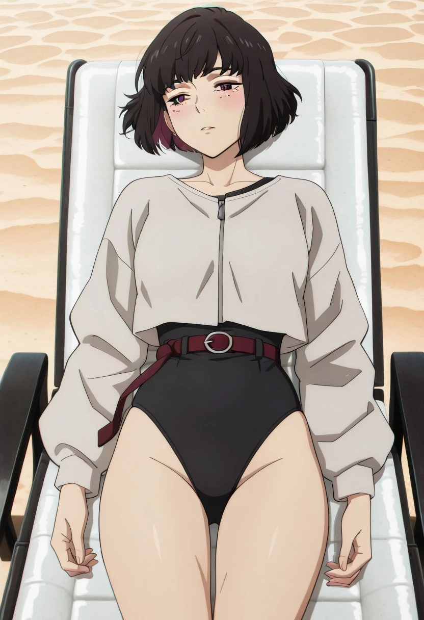 masterpiece, best quality, amazing quality, very aesthetic, absurdres, newest, chromatic aberration, (solo), pink blush, Eleina, long sleeves, short hair, mole under left eye, anime screencap, adult woman, simple anime style, detailed pupils, vacation, napping, lying on a sun lounger, hawaii, closed black swimsuit