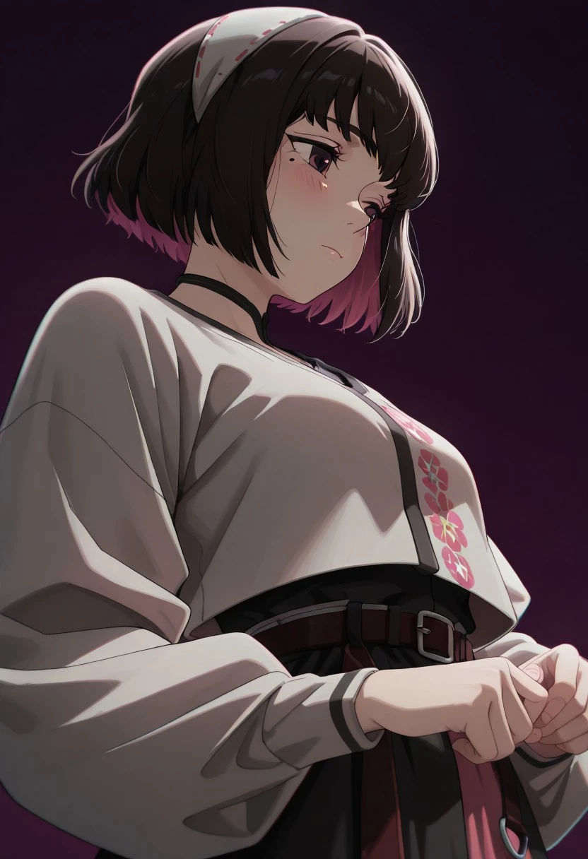 masterpiece, best quality, amazing quality, very aesthetic, absurdres, newest, chromatic aberration, (solo), pink blush, Eleina,  long sleeves, short hair, mole under left eye, from below, chromatic aberration, tenebrism, close up, depth of field, decorative clothes,  closed mouth, from side, looking to the side, deep purple background, adult woman