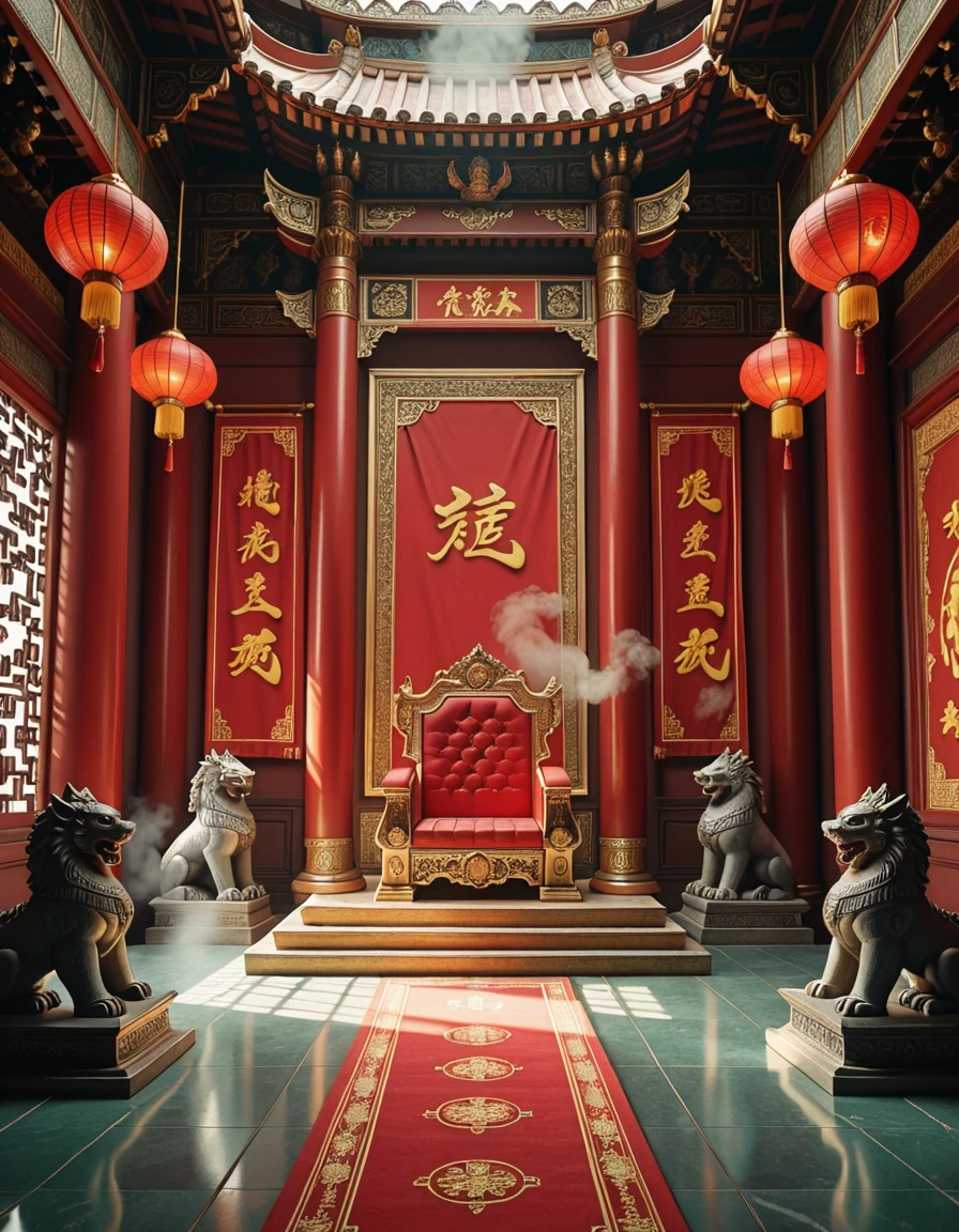 A majestic Chinese throne room, inspired by the grandeur of the Forbidden City, with intricately carved red and gold columns, glowing lanterns hanging from the ornate wooden ceiling, and large silk banners displaying imperial dragons. The throne is elevated on a golden platform with detailed engravings, flanked by stone guardian lions and surrounded by polished jade flooring. The air is filled with incense smoke, creating a mystical, regal atmosphere under soft natural light filtering through lattice windows. No people are present.Chinese throne r00m, <lora:Chinese_throne_r00m-i:1>, Masterpiece,best quality,hi res,8k,hi res,8k,award winning,(sharp focus, intricate, highly detailed),