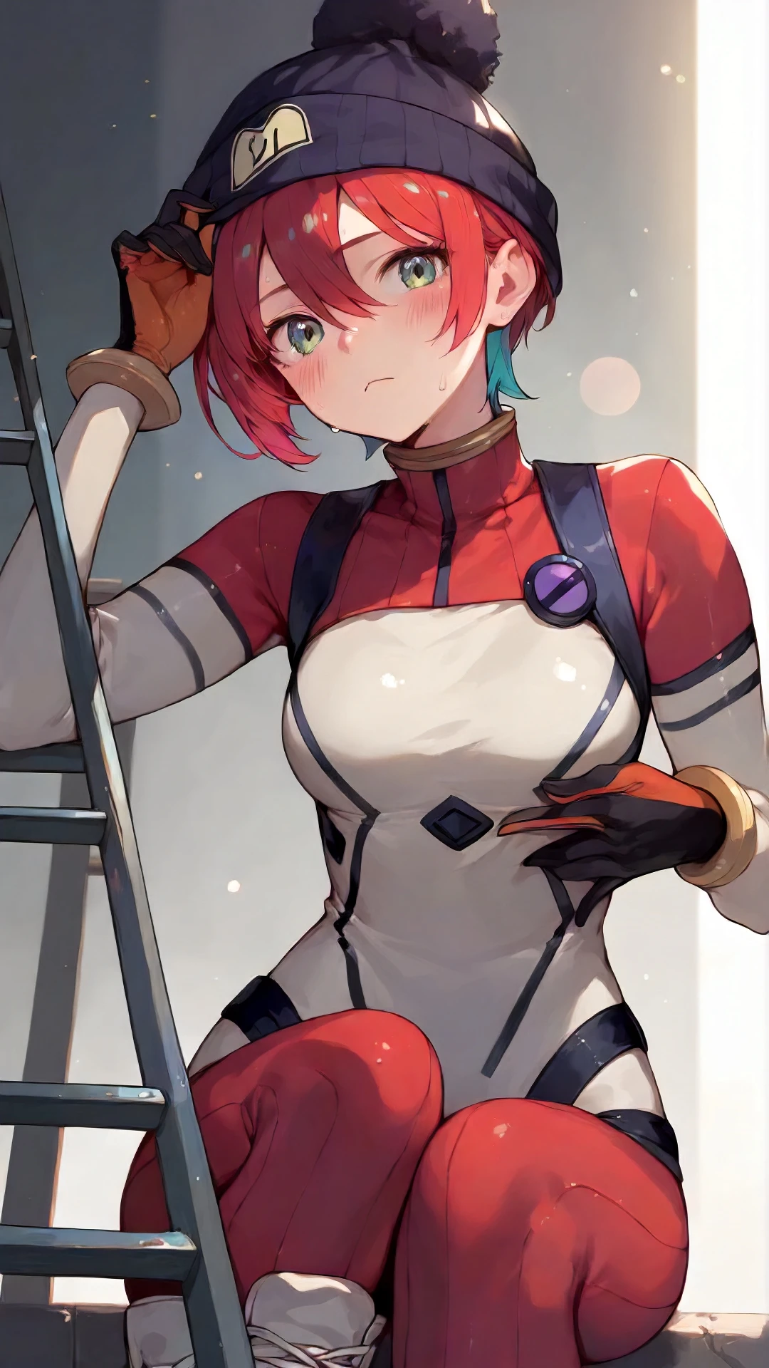 amate_yuzuriha, an anime girl, 1girl, solo, breasts, looking at viewer, blush, short hair, simple background, gloves, hat, white background, hair between eyes, sitting, closed mouth, green eyes, red hair, multicolored hair, sweat, bodysuit, hand on headwear