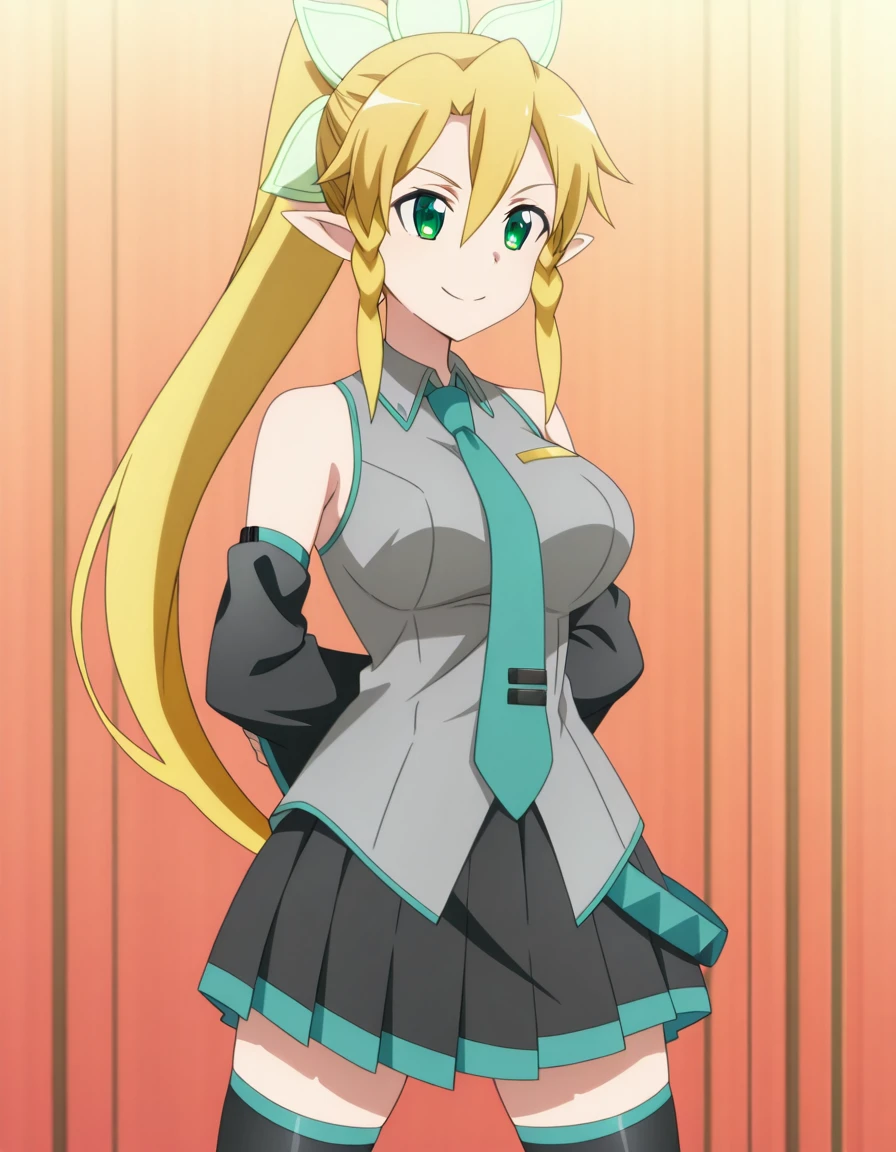 masterpiece, best quality, amazing quality,, <lora:suguha-kirigaya-s1-illustriousxl-lora-nochekaiser:1>, suguha kirigaya, leafa (sao), long hair, blonde hair, hair between eyes, green eyes, ponytail, braid, pointy ears, twin braids, mature female, breasts, anime screencap, <lora:hatsune-miku-cosplay-illustriousxl-lora-nochekaiser:1>, hatsune miku cosplay, hatsune miku (cosplay), aqua necktie, black footwear, black skirt, black sleeves, boots, collared shirt, detached sleeves, grey shirt, necktie, pleated skirt, shirt, skirt, sleeveless, sleeveless shirt, thigh boots, tie clip,, <lora:kung-fu-illustriousxl-lora-nochekaiser:1>, kung fu, martial arts, training, fighting stance, cowboy shot, hands behind back, smile, , , ,