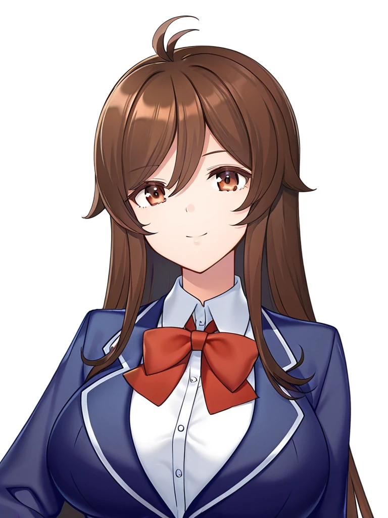 1girl, maibara mitomo, brown hair, long hair, brown eyes, ahoge, large breasts, white background, upper body, smile, closed mouth, looking at viewer, school uniform, white shirt, blue blazer, bowtie,