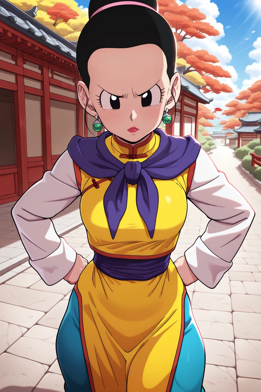 1girl, solo, BREAK outdoors, looking at viewer, (masterpiece:1.2), best quality, high resolution, unity 8k wallpaper, (illustration:0.8),(perfect hands, perfect anatomy), standing, blush, chichi, black hair, black eyes, low ponytail, blunt bangs, sidelocks, chinese clothes, sash, sleeveless, blue dress, wristband, :o, upper body <lora:chichiDBZ_scarxzys:1>, <lora:toriyama_akira_3:0.6>,