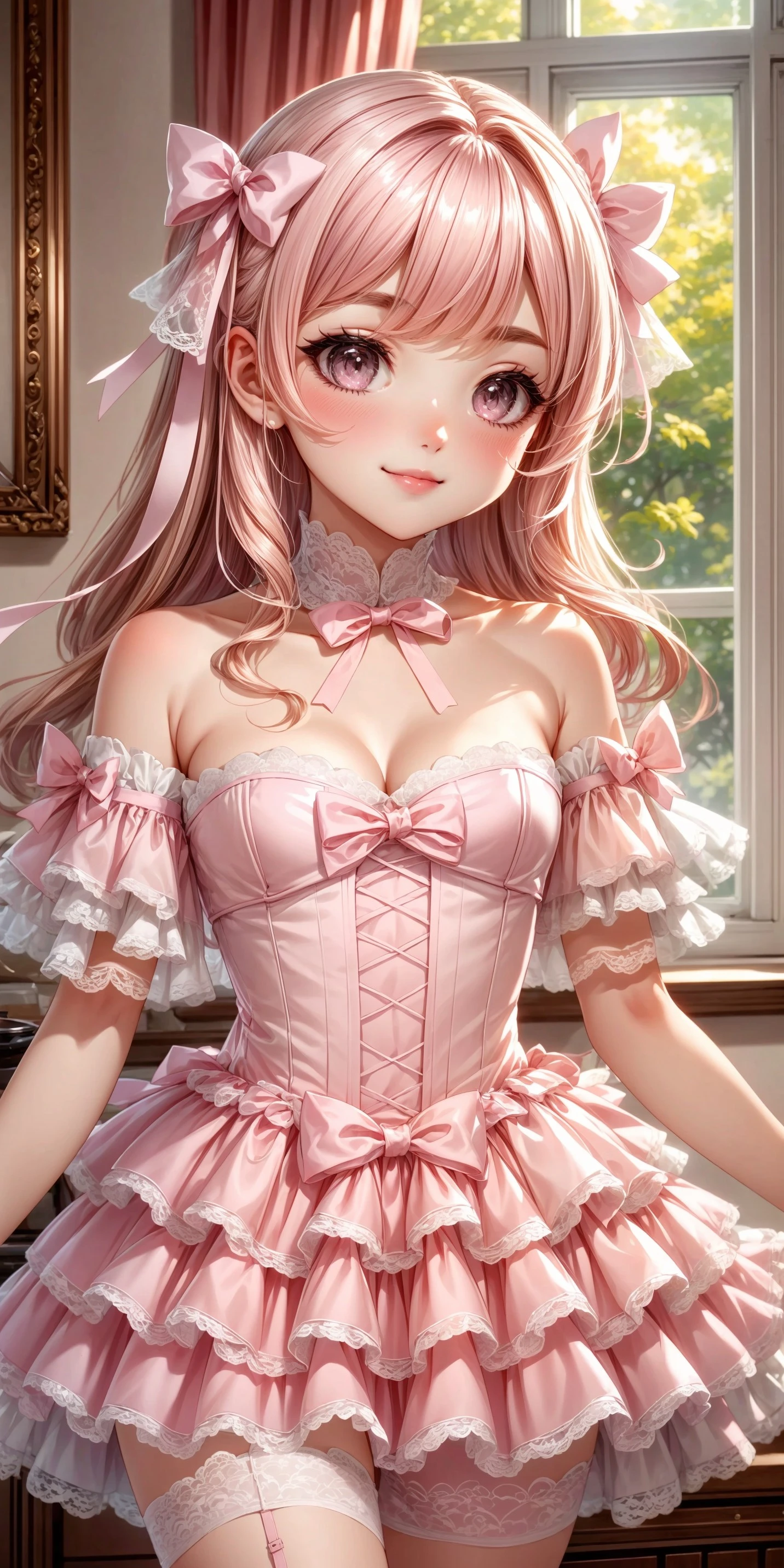 (front facing, facing viewer) 1girl, blush, full face blushing, smile, heirloom_dress, pastel pink short strapless layered lace-trimmed dress, sweetheart neckline, white flared lace-trimmed sleeves, pastel pink ribbon trim, (pastel pink ribbon trim on white flared lace-trimmed sleeves), pastel pink bodice, pastel pink short attached layered lace-trimmed skirt, pastel pink ruffles, whitish-pink frills, white lace, white ornate lace trim, bows, pastel pink bows, <lora:more_details:0.7>, <lora:scene_:0.5>, <lora:FashionComplexityEnhancerLORAv1:0.4>, <lora:4d900667-037c-437a-8f0d-0d0222dca572:0.6>, <lora:96073874-f082-4683-942e-601cecac5c40:0.3>, <lora:f7d08feb-f21d-42d0-9ef1-a9481867524d:0.3>, <lora:5844635f-c9c3-4f9e-85c4-d0d40f201159:0.3>, <lora:dde4416e-9f24-48d4-a965-d989baea5d73:0.2>, ,