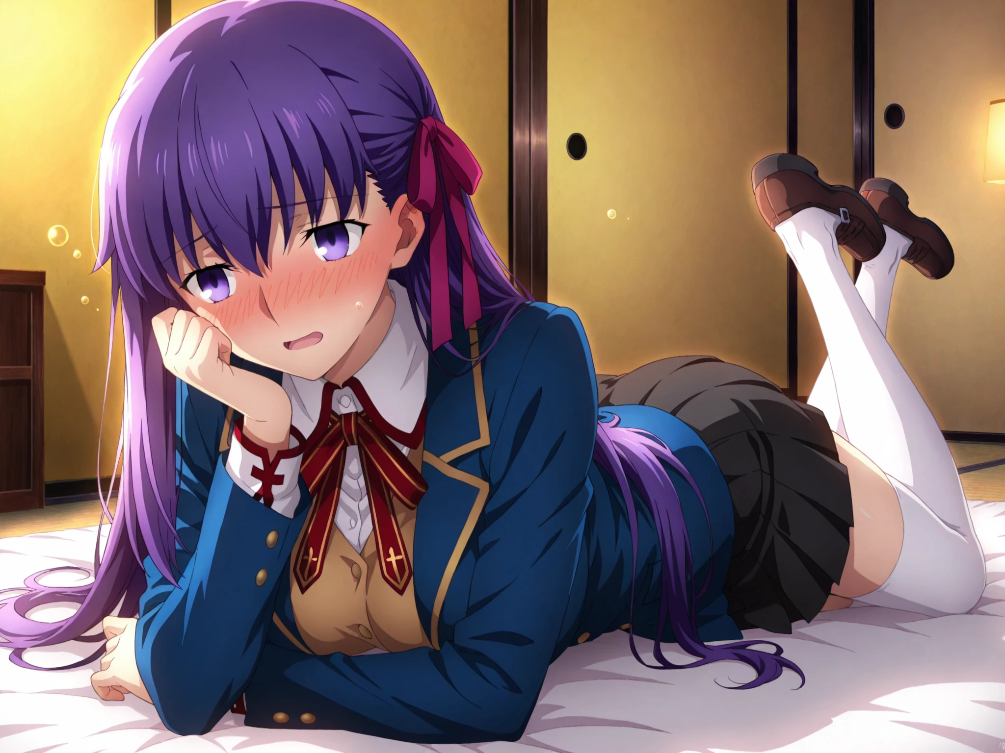 score_9, score_8_up, score_7_up, source_anime,
hitagisenjougahara, <lora:hitagi-senjougahara-ponyxl-lora-nochekaiser:1>,
senjougahara hitagi, bangs, long hair, blue eyes, purple hair,
skirt, thighhighs, school uniform, necktie, black thighhighs, zettai ryouiki, naoetsu high school uniform,
indoors, bed, bed room, on side, blush, drunk,
looking at viewer, cowboy shot, dutch angle,