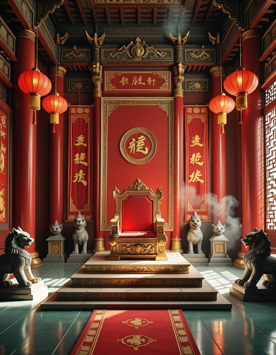 A majestic Chinese throne room, inspired by the grandeur of the Forbidden City, with intricately carved red and gold columns, glowing lanterns hanging from the ornate wooden ceiling, and large silk banners displaying imperial dragons. The throne is elevated on a golden platform with detailed engravings, flanked by stone guardian lions and surrounded by polished jade flooring. The air is filled with incense smoke, creating a mystical, regal atmosphere under soft natural light filtering through lattice windows. No people are present.Chinese throne r00m, <lora:Chinese_throne_r00m-i:1>, Masterpiece,best quality,hi res,8k,hi res,8k,award winning,(sharp focus, intricate, highly detailed),