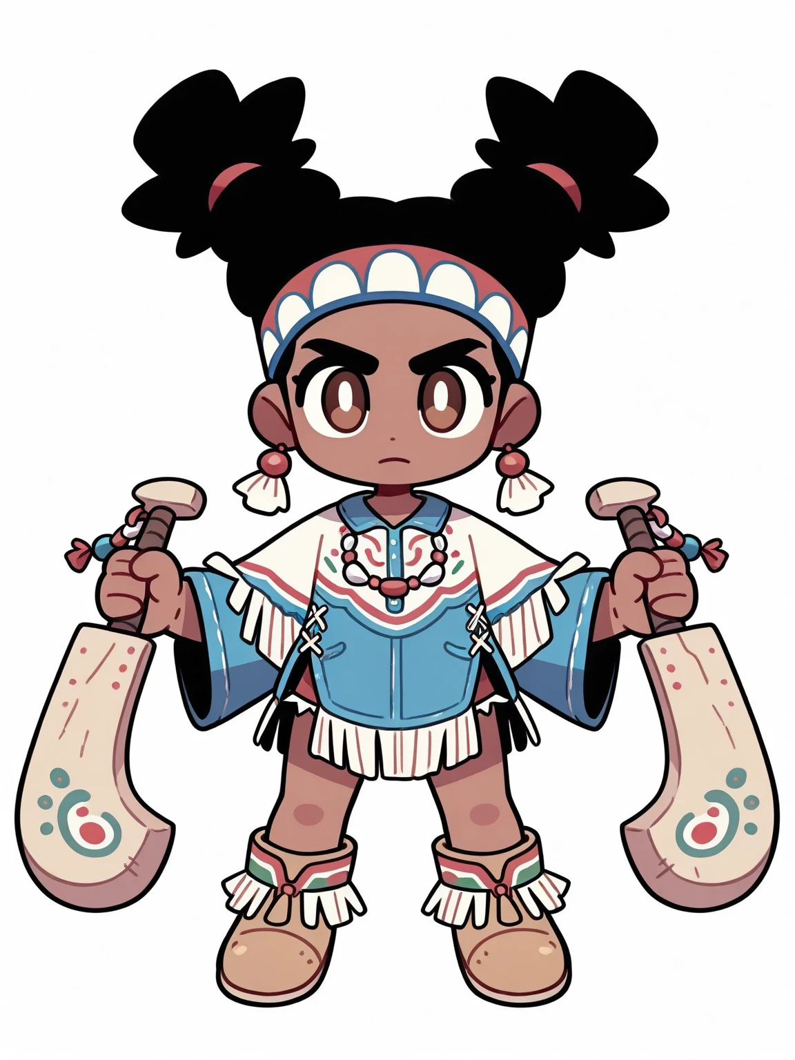 <lora:SF_LilyHawk-IL:1> 1girl, solo, chibi, holding weapon, macuahuitl, dual wielding, white background, black hair, brown eyes, dark skin, sf6lilydef, mult-tied hair, headband, earrings, necklace, poncho, fringe-trim, brown footwear, masterpiece, best quality, detailed, highres, newest, recent, very as2, very awa
