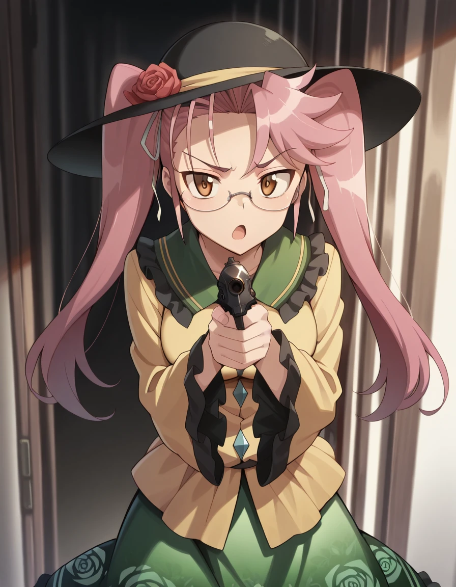 masterpiece, best quality, amazing quality,, <lora:saya-takagi-s1-illustriousxl-lora-nochekaiser:1>, saya takagi, takagi saya, long hair, ribbon, twintails, brown eyes, hair ribbon, pink hair, glasses, mature female, breasts, anime screencap, <lora:komeiji-koishi-cosplay-illustriousxl-lora-nochekaiser:1>, komeiji koishi cosplay, komeiji koishi (cosplay), black hat, buttons, collared shirt, diamond button, floral print, frilled shirt collar, frilled sleeves, frills, green skirt, hat, hat ribbon, long sleeves, rose print, shirt, skirt, wide sleeves, yellow shirt,, <lora:center-axis-relock-stance-illustriousxl-lora-nochekaiser:1>, center axis relock stance, looking at viewer, holding, closed mouth, weapon, holding weapon, gun, holding gun, handgun, aiming, finger on trigger, aiming at viewer, m1911,, shaded_face, open mouth, , ,
