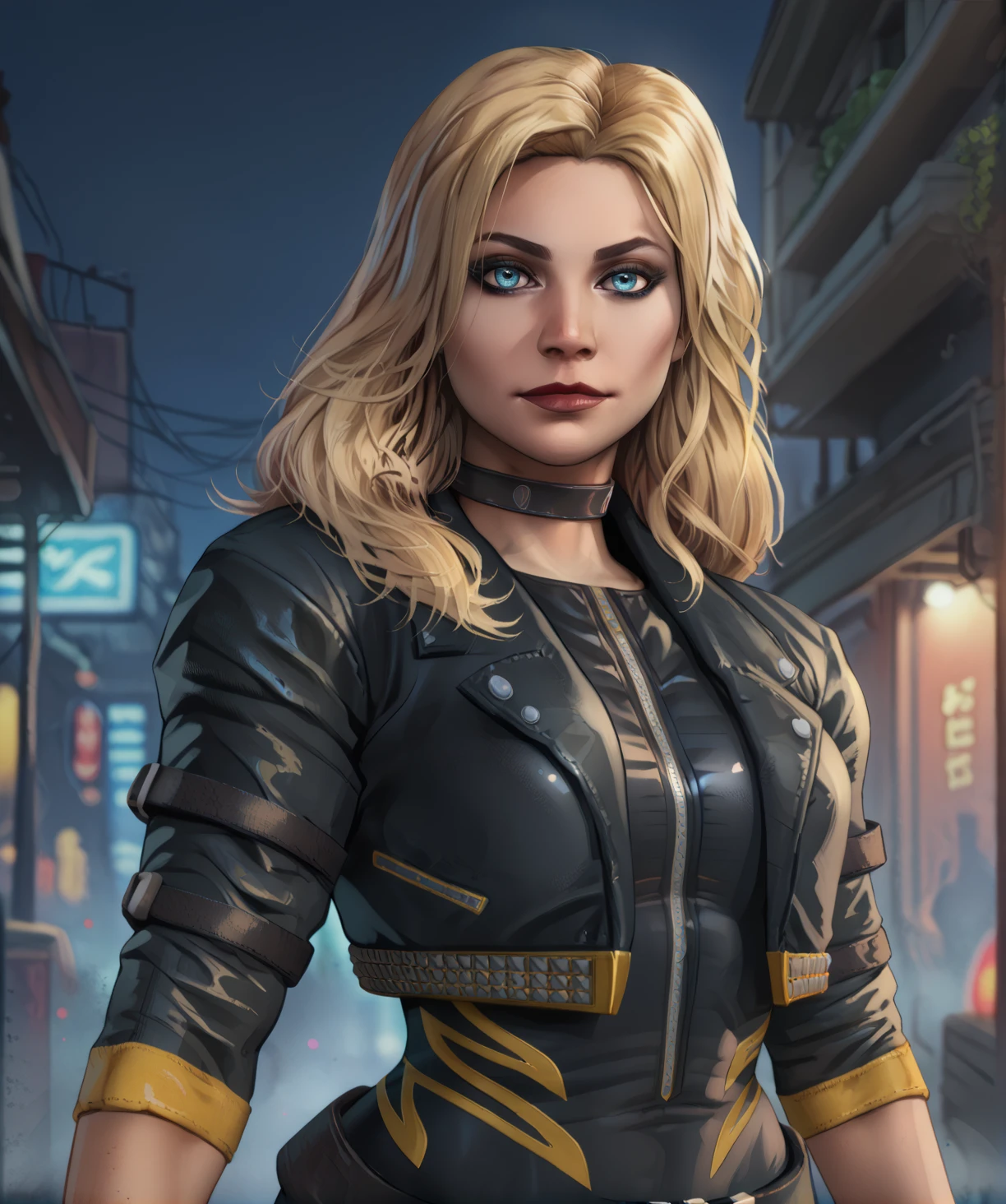 score_9, score_8_up, score_7_up, score_6_up, score_5_up, score_4_up,
blkcnryxl, blue eyes, blonde hair, makeup,
black body suit, black cropped jacket, choker, fingerless gloves, belt,
standing, looking at viewer, upper body,
Gotham city, night, <lora:BlackCanaryxl:1>,
