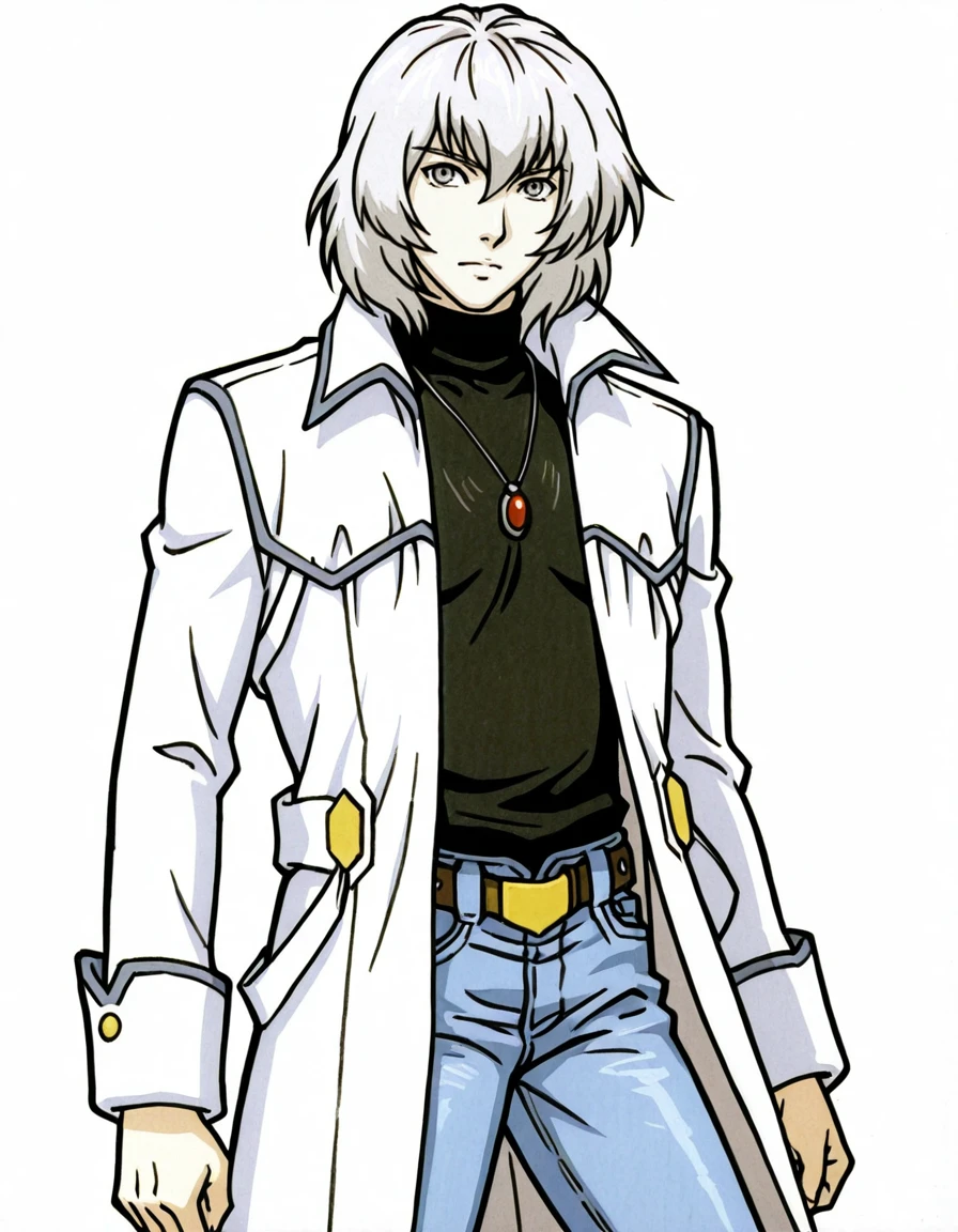 solo, 1boy, male focus, jewelry, belt, coat, denim, pants, jeans, necklace, turtleneck, white hair, grey eyes, pendant, soma cruz <lora:Soma_Cruz_Castlevania_Aria_of_SorrowIllustrious:1>  <lora:Pencil_sketch:0.8> Pencil sketch