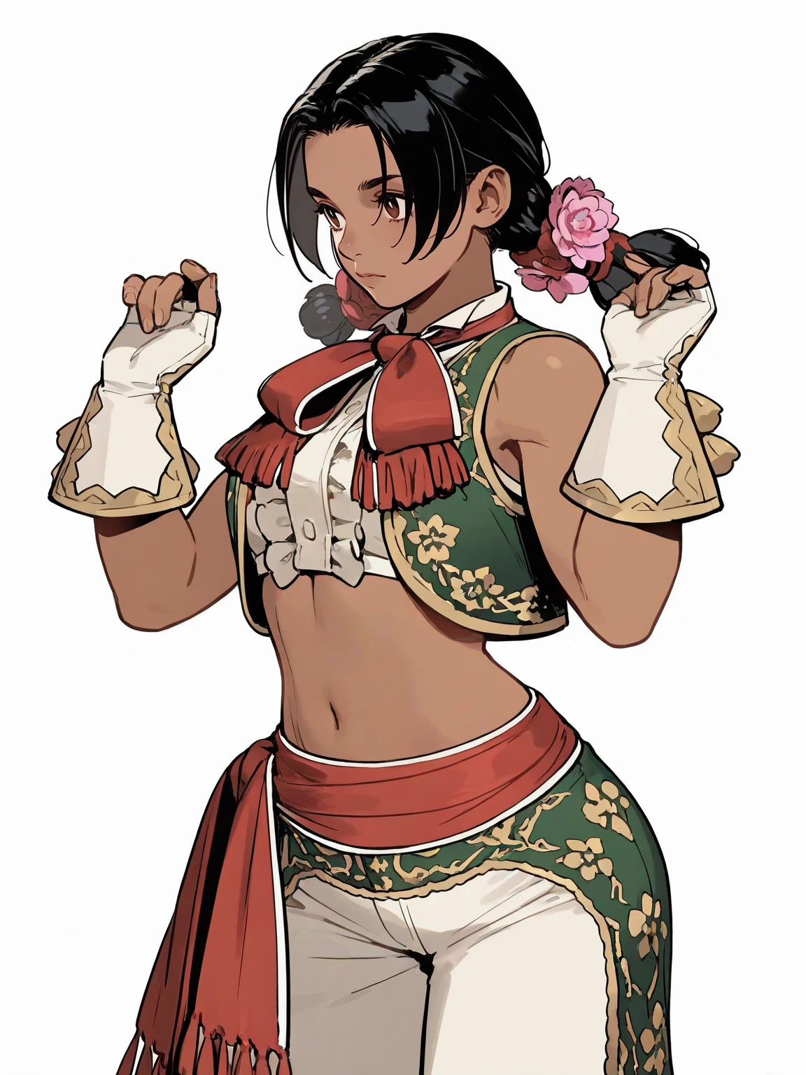 <lora:SF_LilyHawk-IL:0.8> 1girl, solo, cowboy shot, white background, black hair, brown eyes, dark skin, sf6lilyalt, twintails, hair flower, sleeveless vest, crop top, fingerless gloves, red sash, white pants, masterpiece, best quality, detailed, highres, newest, recent, very as2, very awa