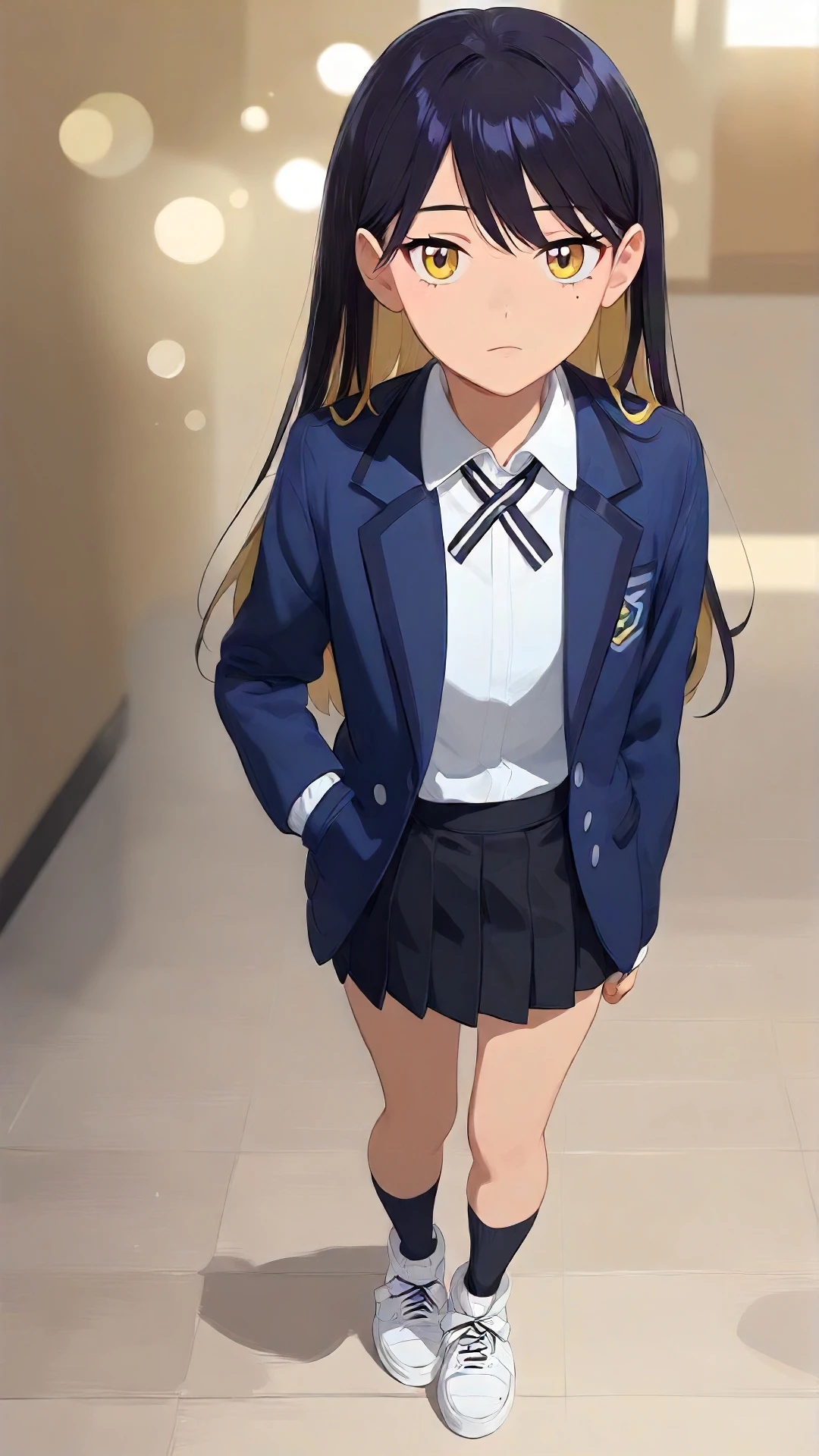nyaan_gundam_gquuuuuux, an anime girl,  1girl, solo, long hair, looking at viewer, skirt, blonde hair, simple background, shirt, black hair, long sleeves, white background, ribbon, hair between eyes, closed mouth, school uniform, standing, jacket, full body, yellow eyes, white shirt, multicolored hair, pleated skirt, open clothes, shoes, socks, collared shirt, black skirt, open jacket, mole under eye, black ribbon, neck ribbon, white footwear, blue jacket, black socks, sneakers