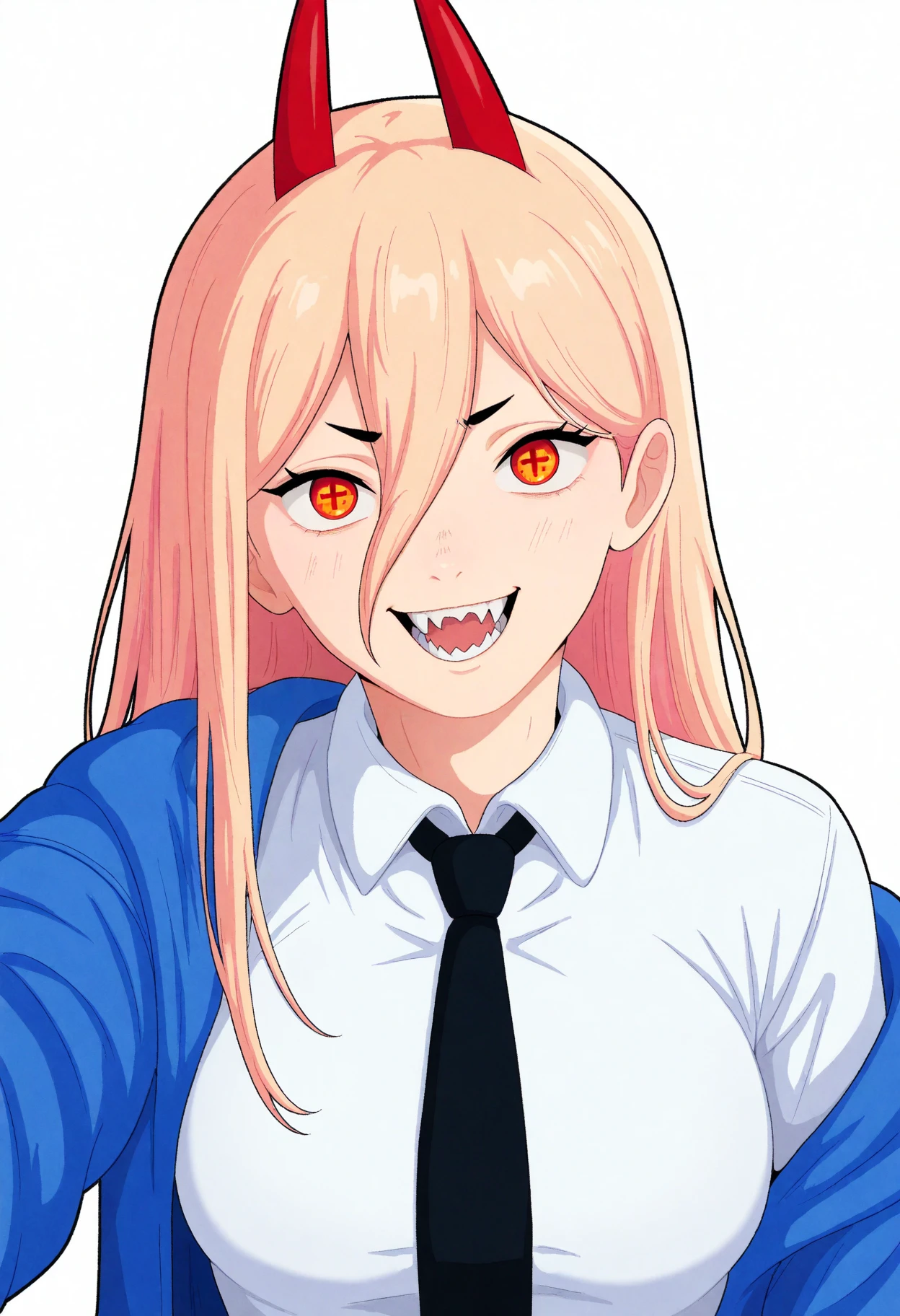 best quality, amazing quality, very aesthetic, absurdres,
1girl, power \(chainsaw man\), pink hair, blonde hair, red horns, red eyes, cross-shaped pupils, long hair, sharp teeth, hair between eyes, symbol-shaped pupils,
collared shirt, black necktie, long sleeves,
looking at viewer, white shirt, open mouth,
simple background, white background, smile, upper body <lora:CelebelianNoob_byKonan:1>