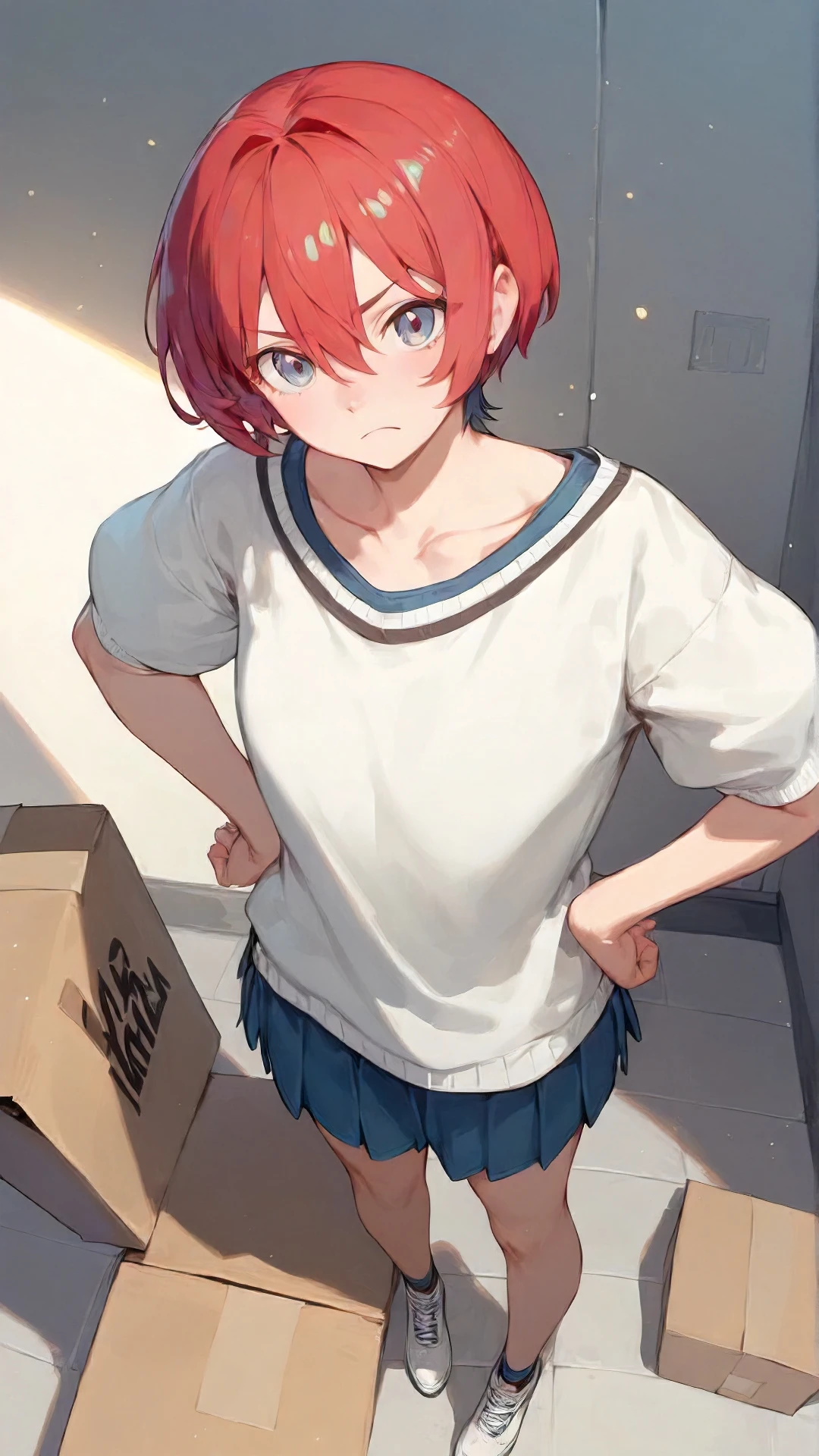 amate_yuzuriha, an anime girl, 1girl, solo, looking at viewer, short hair, bangs, simple background, white background, hair between eyes, closed mouth, collarbone, red hair, frown, box, clenched hands, legs apart, cardboard box