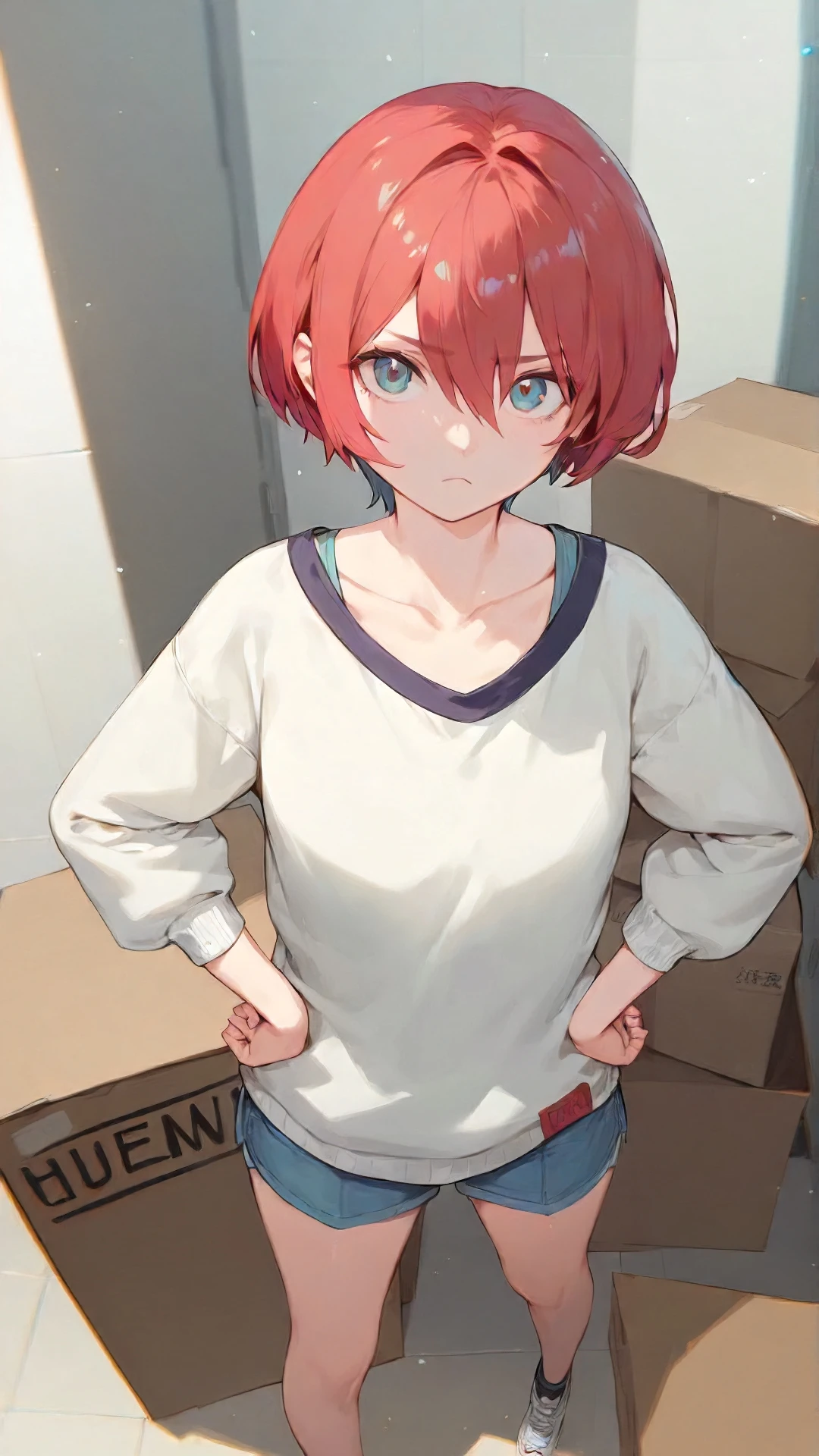 amate_yuzuriha, an anime girl, 1girl, solo, looking at viewer, short hair, bangs, simple background, white background, hair between eyes, closed mouth, collarbone, red hair, frown, box, clenched hands, legs apart, cardboard box