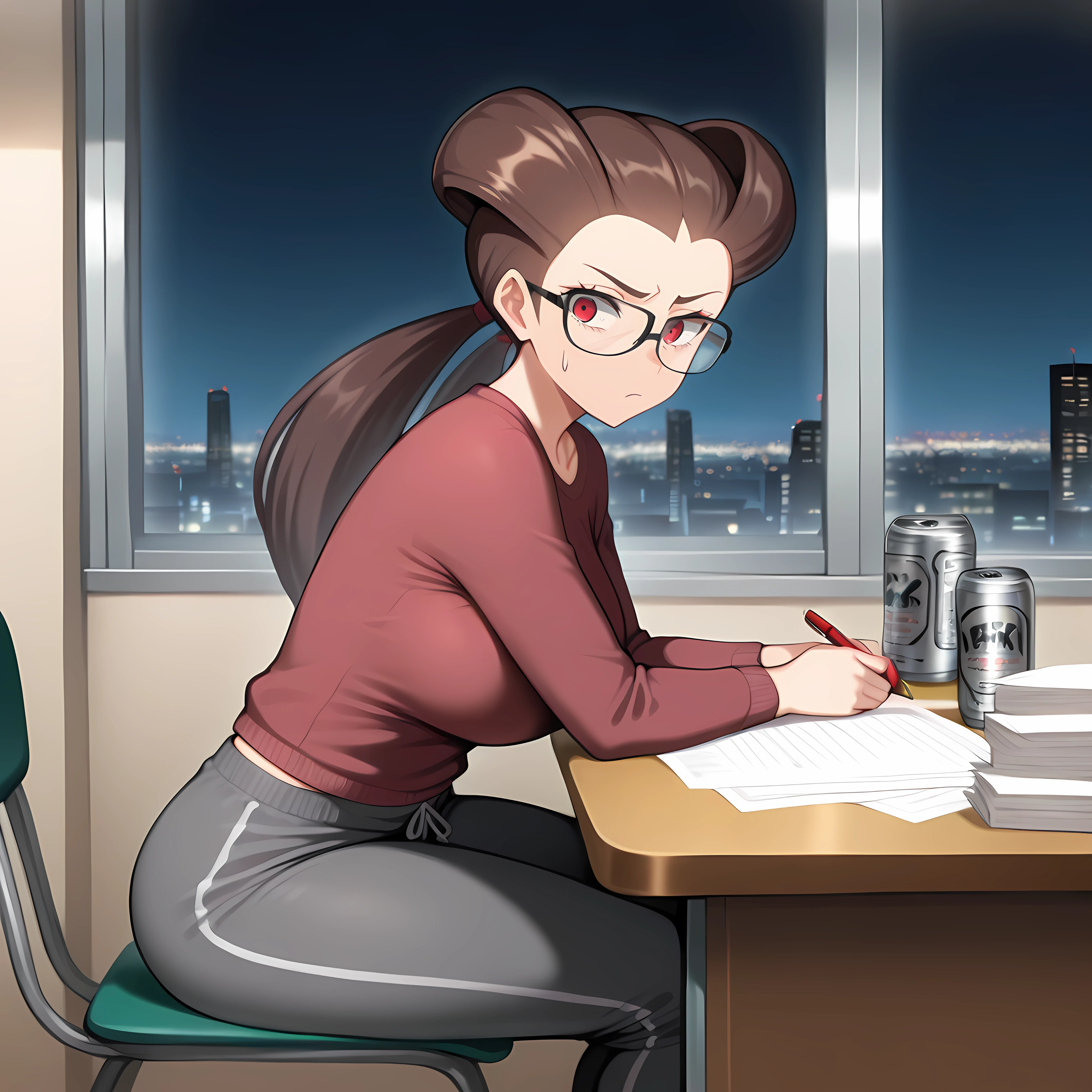 Masterpiece, newest, perfect quality, best quality, 1girl, solo, mature woman, cowboy shot, indoors, sitting at desk, thick glasses, from side, looking at papers,marking papers, red pen, grading, annoyed, confused, beer cans, desk, papers,Or4sR0x, red eyes, brown hair, twintails, long hair, hair pulled back,sweater, sweatpants, open window, night, cityscape