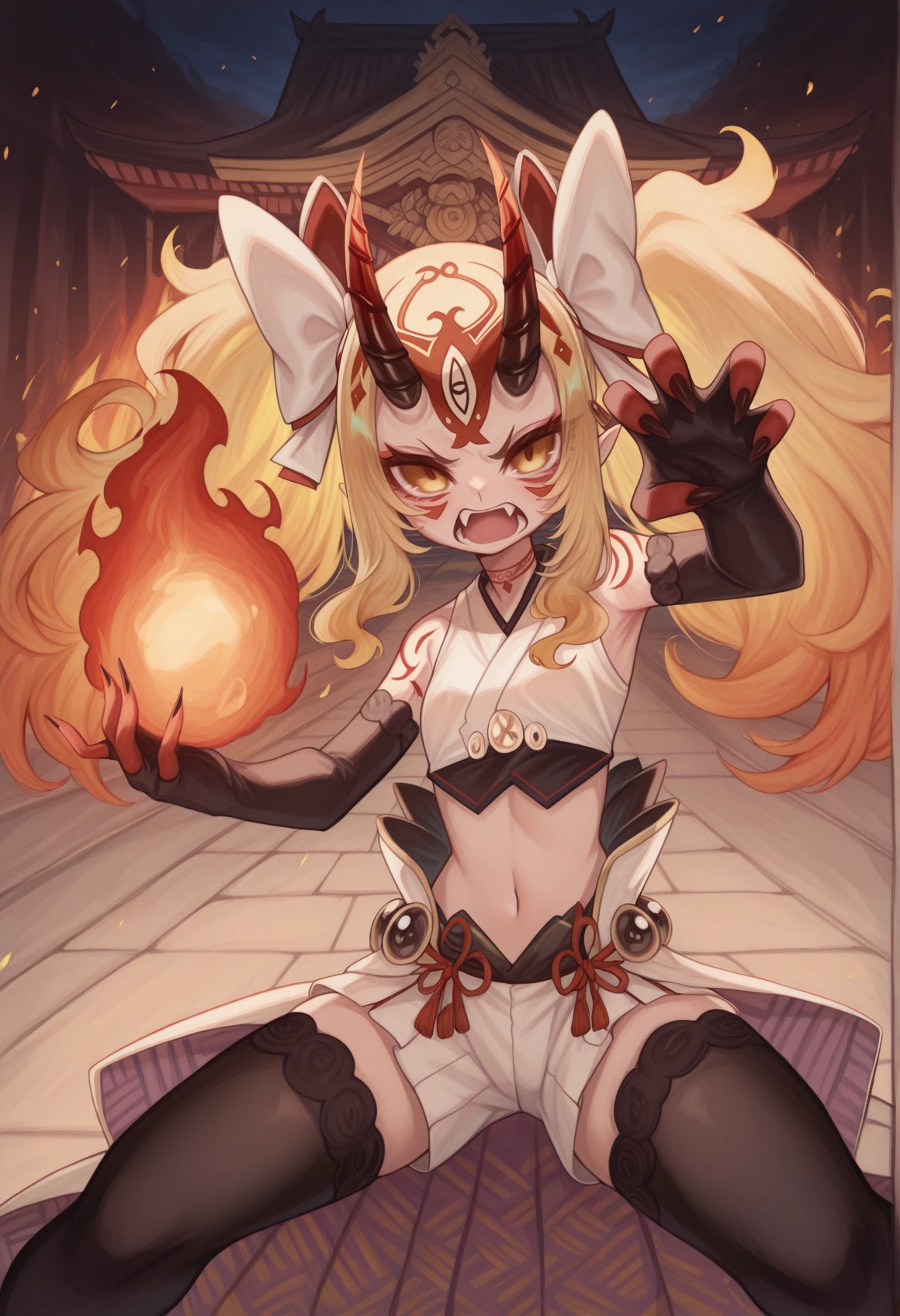 traditional media, watercolor (medium), 1girl, long hair, blonde hair, sidelocks, yellow eyes, pointy ears, facial mark, forehead mark, oni, horns, body markings, sharp fingernails, red hands, twintails, japanese costume, sleeveless, adapted costume, shorts, waist cape, navel, thighhighs, black elbow gloves,fingerless gloves, outdoors, temple, temple gate, open mouth, holding flame orb, fire, tusks looking at viewer, night, fighting stance, serious <lora:Ibaraki_douji_illus:1> <lora:mochi_illus:1>, masterpiece, best quality, amazing quality, very aesthetic, absurdres, highres, newest