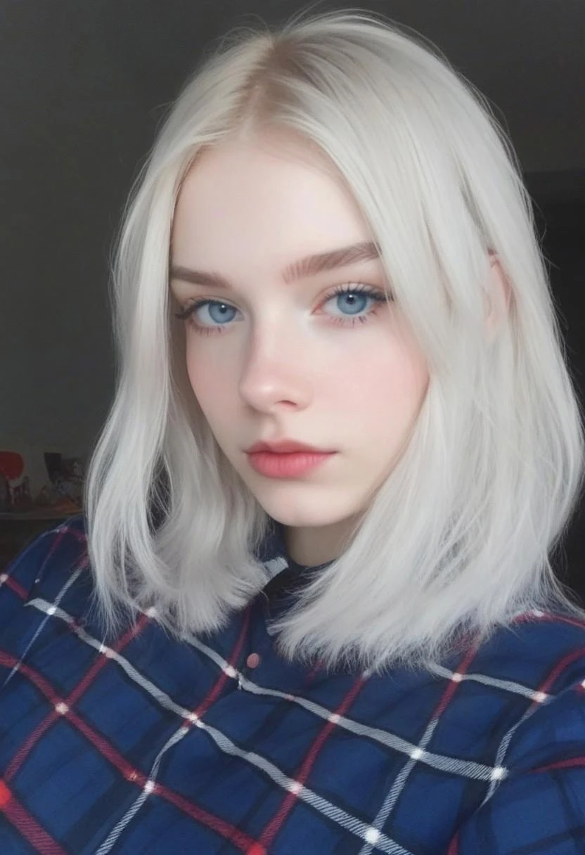 score_9, score_8_up, score_7_up, score_6_up, hyper-realistic, highest quality, masterpiece, rsgrl, russian girl, solo, white hair, realistic, looking at viewer, 1girl, lips, plaid, blue eyes, mole, medium hair, multicolored hair, closed mouth