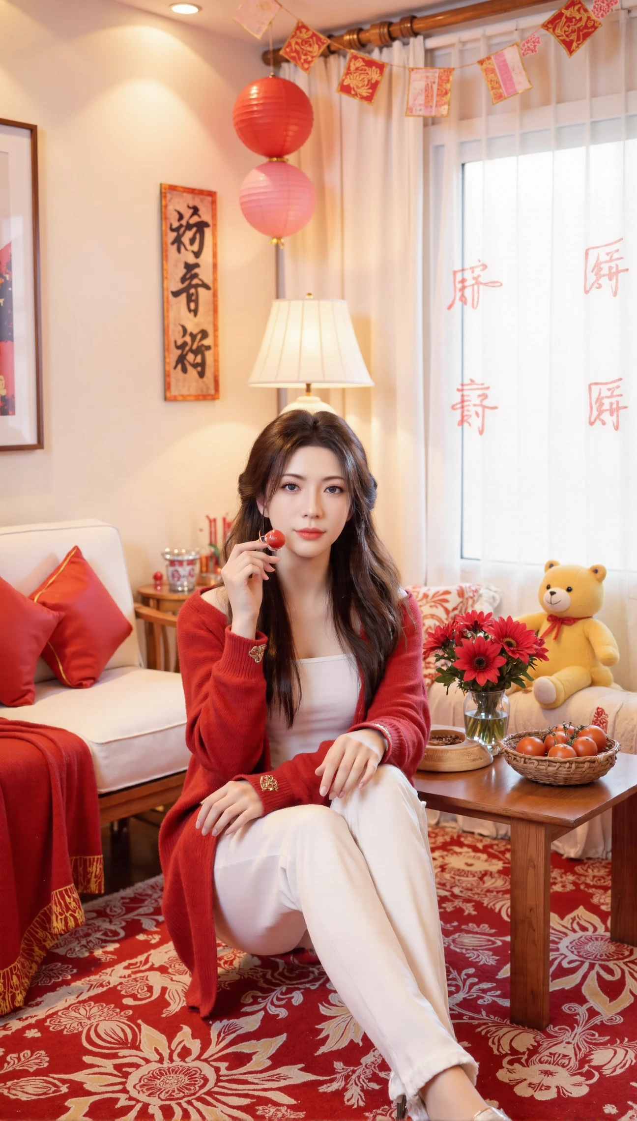 Photos of the Chinese New Year,Xnangongwan,Xyaoxi,Xxiaolan,Xningyudie,XliwuwanH,Photos of the Chinese New Year,The image shows a young woman sitting on a red and white checkered floor in a living room. She is wearing a red cardigan over a white top and white pants. She has long dark hair and is smiling as she holds a red lollipop in her hand. On the right side of the image,there is a wooden coffee table with a vase of red flowers and a basket of tomatoes. Behind the woman,there are two red heart-shaped pillows and a yellow stuffed animal. The room has a large window with white curtains and a painting hanging on the wall.,(huge breasts:2.99),(full breasts:2.99),Chinese traditional Spring Festival theme background,lanterns,New Year couplets,window decorations,Fireworks Show,