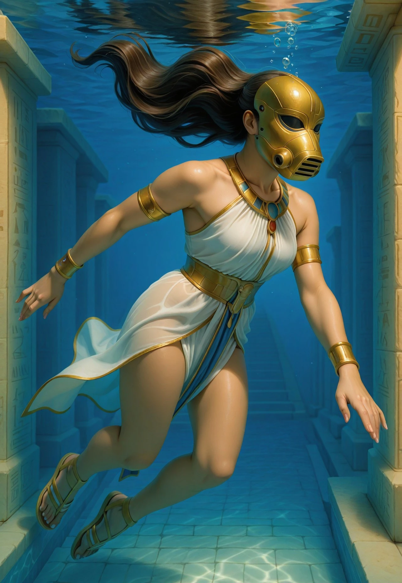 blue background, blue overlay, realistic illustration, incredibly lifelike, warm colors, female in center of frame, cinematic lighting, 1girl,  female, (wearing sob3kmask over face), black-tinted eyewear, opaque eyewear, 1girl, solo, long hair, brown hair, jewelry, bare shoulders, medium breasts, collarbone, full body, white dress, water, bracelet, floating hair, sandals, armlet, bubble, stairs, underwater, air bubble, bracer, swimming, submerged, egyptian clothes, 