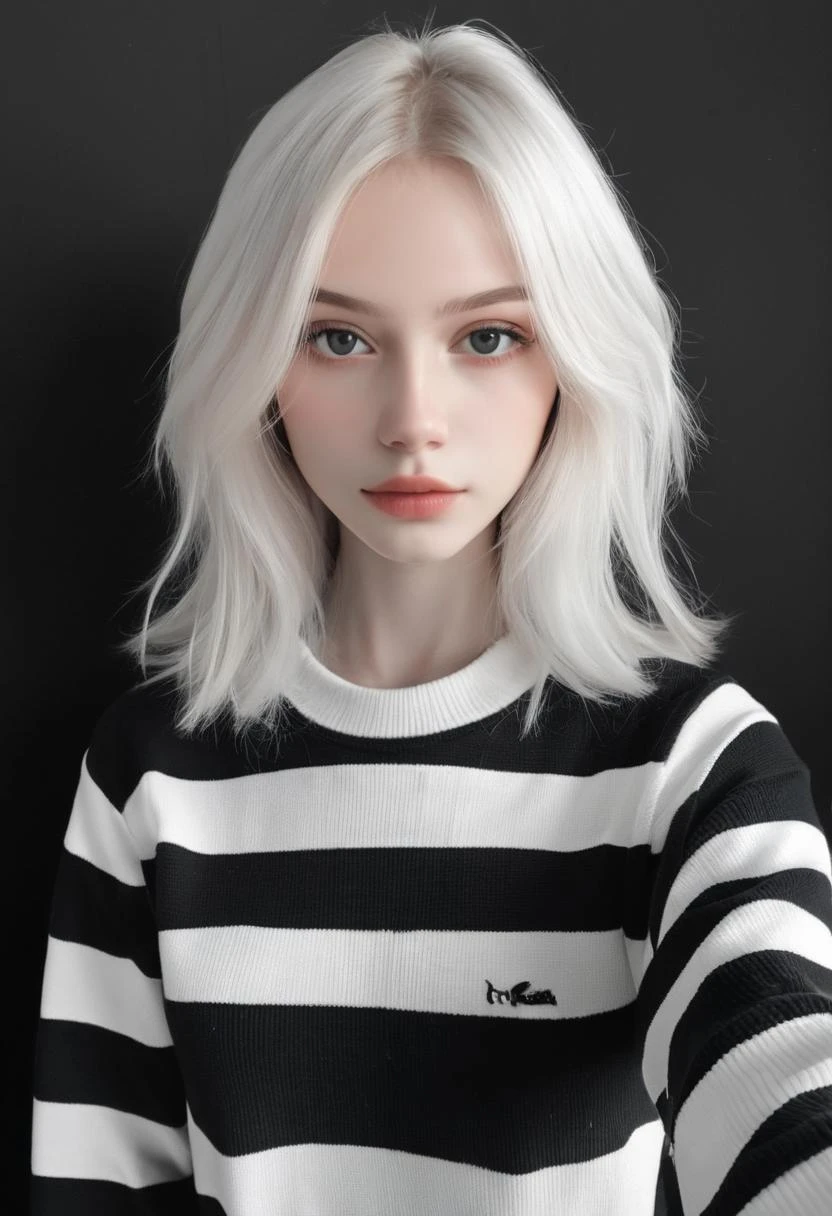 score_9, score_8_up, score_7_up, score_6_up, rsgrl, russian girl, cute russian girl, 1girl, solo, looking at viewer, striped, white hair, sleeves past wrists, upper body, long sleeves, realistic, lips, sweater, striped shirt, medium hair, striped sweater, black eyes, grey eyes, closed mouth, shirt