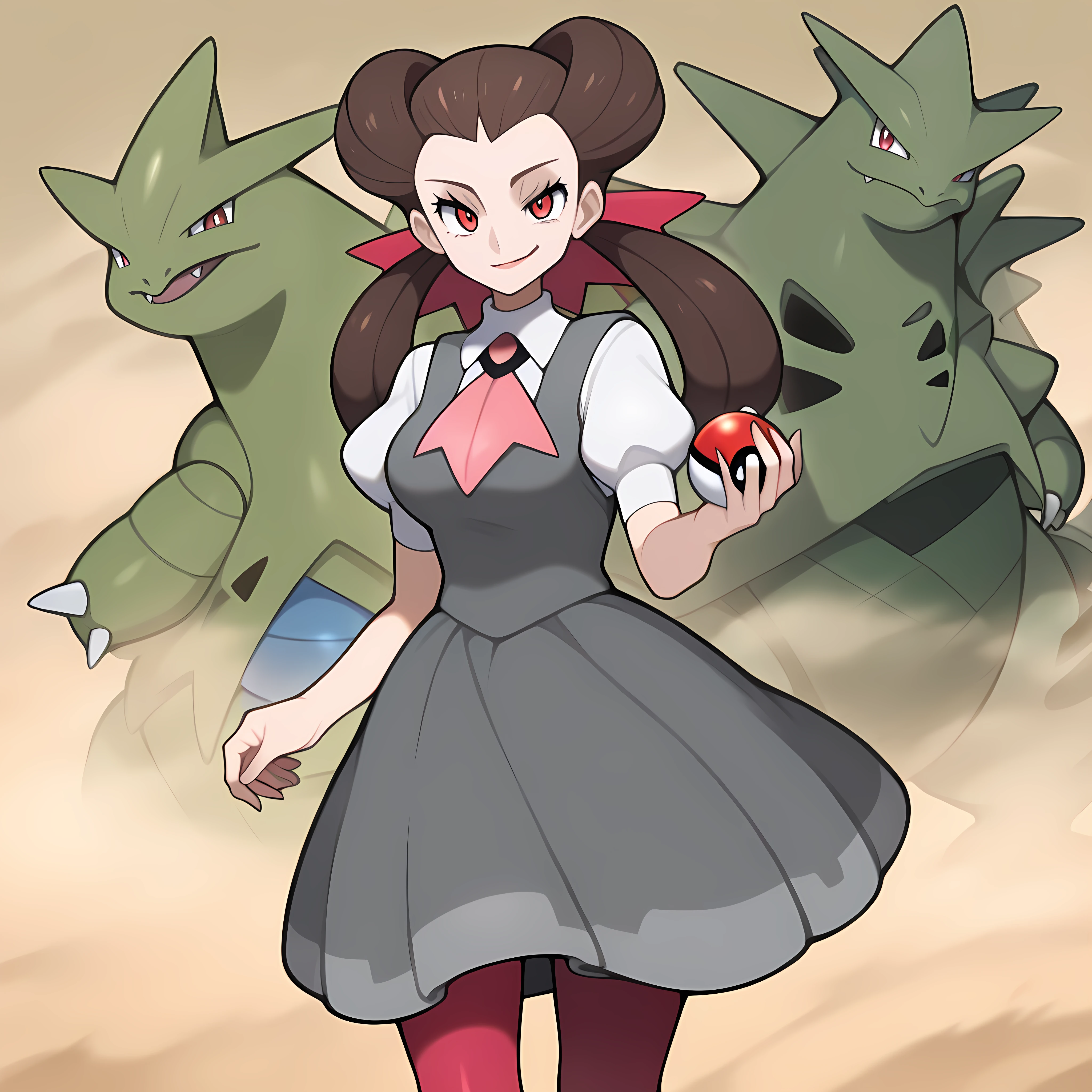 Masterpiece, newest, perfect quality, best quality, 1girl,(tyranitar_(pokemon):1.3), mature woman, cowboy shot, outdoors,sandstorm, holding pokeball, smirk,Or4sR0x, red eyes, brown hair, twintails, long hair, hair pulled back, grey dress, pinafore dress,sleeveless dress, white shirt, pink pantyhose, short sleeves, black mary janes, pink ascot, pink hair ribbon, white collared shirt, looking at viewer,