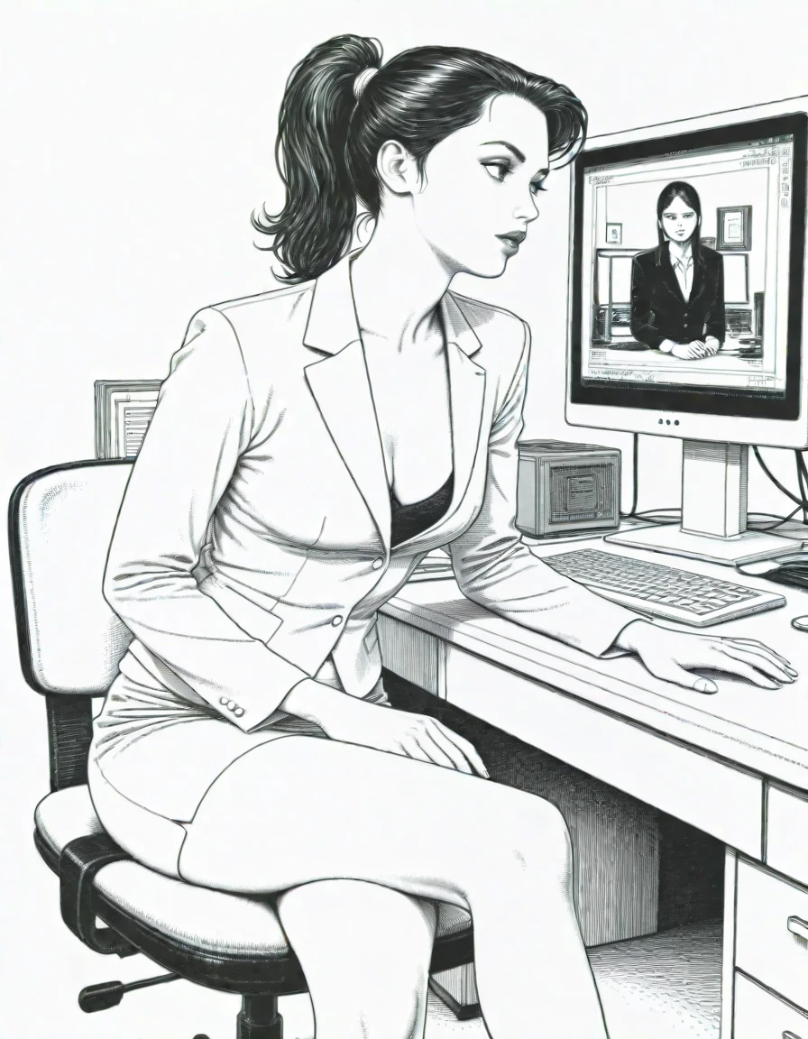 masterpiece, best_quality, very_aesthetic, highres, absurdres, ultra detailed,
<lora:negXL:0.5>
 <lora:Erotiqueink_IL:1> 
1girl, office lady, suit,sitting, desk,monitor, pc,off
simple background,
russia 
( crosshatching, erotique ink:1.2) greyscale,  monochrome, western comics \(style\), lewd,pinup \(style\), retro artstyle, 1950s \(style\),