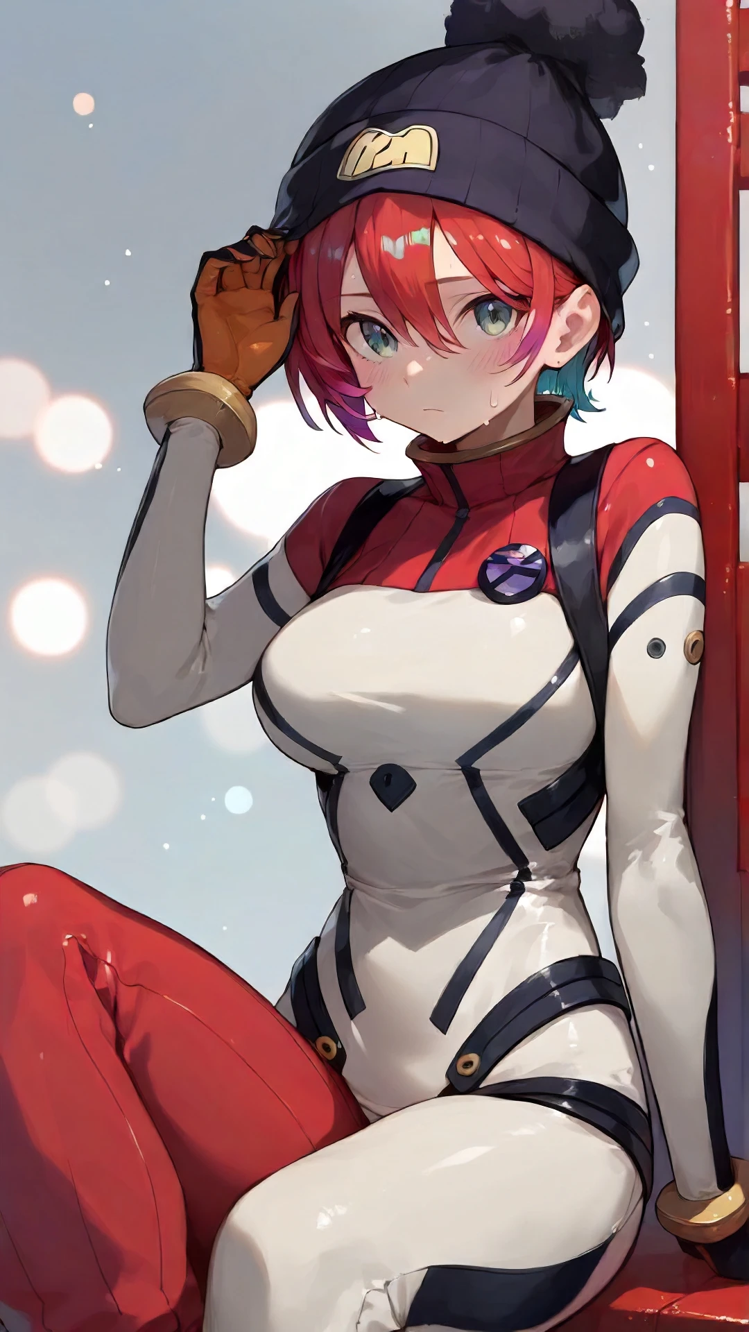 amate_yuzuriha, an anime girl, 1girl, solo, breasts, looking at viewer, blush, short hair, simple background, gloves, hat, white background, hair between eyes, sitting, closed mouth, green eyes, red hair, multicolored hair, sweat, bodysuit, hand on headwear