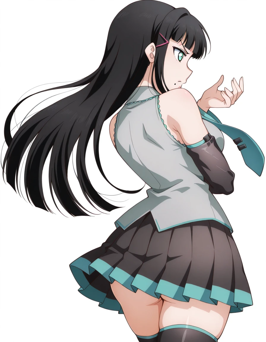 masterpiece, best quality, amazing quality,, <lora:dia-kurosawa-s2-illustriousxl-lora-nochekaiser:1>, dia kurosawa, long hair, bangs, black hair, hair ornament, green eyes, sidelocks, hairclip, blunt bangs, mole, mole under mouth, breasts, mature female, anime screencap, <lora:hatsune-miku-cosplay-illustriousxl-lora-nochekaiser:1>, hatsune miku cosplay, hatsune miku (cosplay), aqua necktie, black footwear, black skirt, black sleeves, boots, collared shirt, detached sleeves, grey shirt, necktie, pleated skirt, shirt, skirt, sleeveless, sleeveless shirt, thigh boots, tie clip,, <lora:dio-brandos-pose-illustriousxl-lora-nochekaiser:1>, dio brandos pose, dio brando's pose (jojo), back, ass, from behind, jojo pose, standing, upper body, v_shaped_eyebrows, , <lora:transparent-background-illustriousxl-lora-nochekaiser:1>, transparent background, simple background, white background, ,