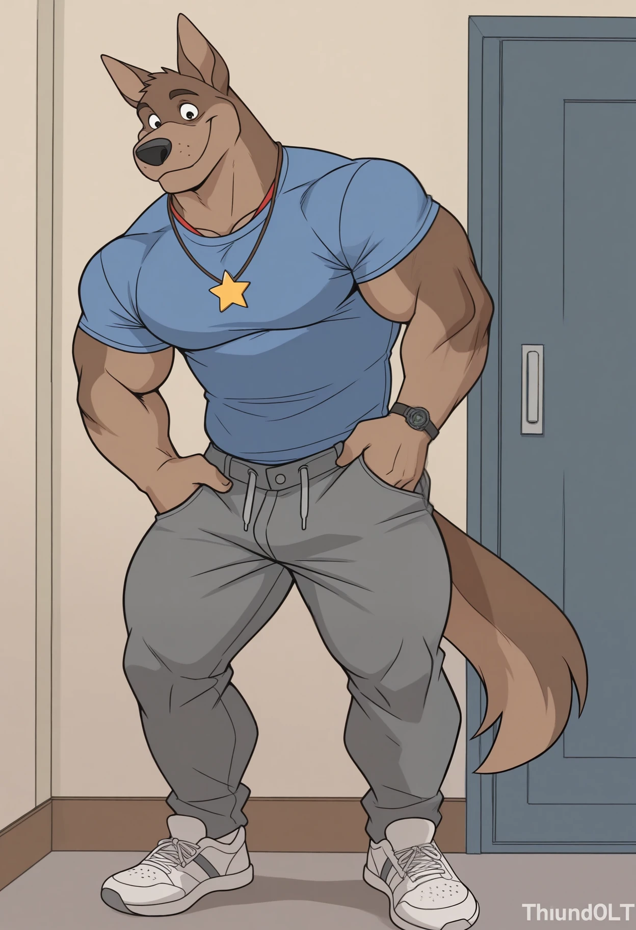 solo, pubraseer, furry, german shepherd, canine, handsome, Smiling, glassess, casual pose, plaid button down shirt, casual pants, hard small penis, small veiny penis