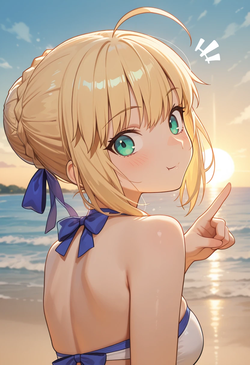 MASKING, 1girl, solo, looking at viewer, smile, short hair, blonde hair, brown eyes, yellow eyes, black bikini, high quality, solo, night sky, beach, arms behind head, contrapposto, closed mouth, spread armpits, upper body, looking at viewer, grin, best quality,