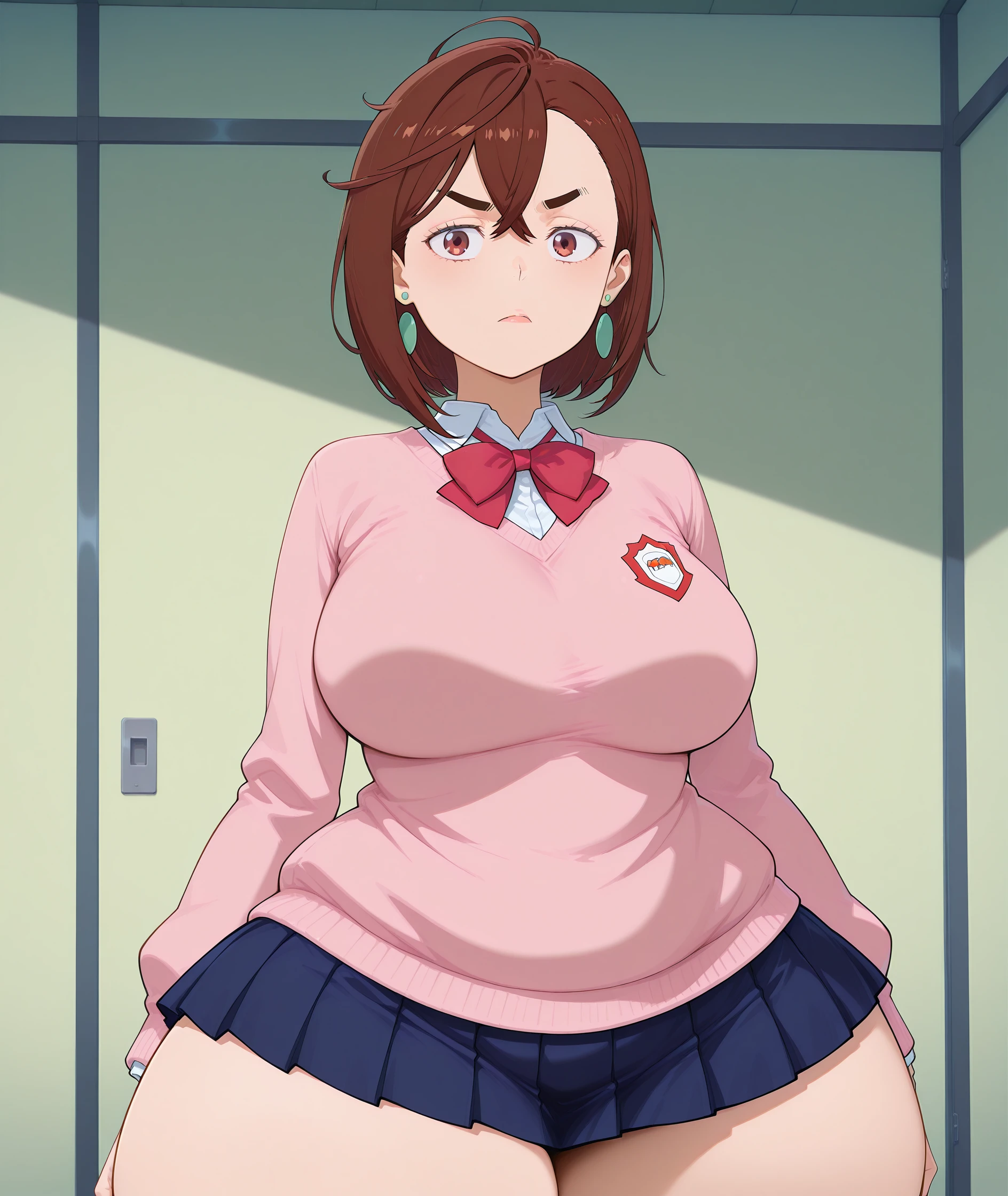 (thick thighs:1), (wide hips:1), 2d, anime, <lora:Fembody_Illustrious_tweaked_v2:0.9>, fembodtweak, 1girl, breasts, skirt, solo, brown hair, jewelry, earrings, thick thighs, school uniform, pleated skirt, thighs, bow, large breasts, brown eyes, sweater, red bow, shirt, pink sweater, short hair, blue skirt, indoors, red bowtie, plump, bowtie, collared shirt, looking at viewer, white shirt, miniskirt, hair between eyes, bangs, ayase momo. ayase momo\(dandadan\), upper body