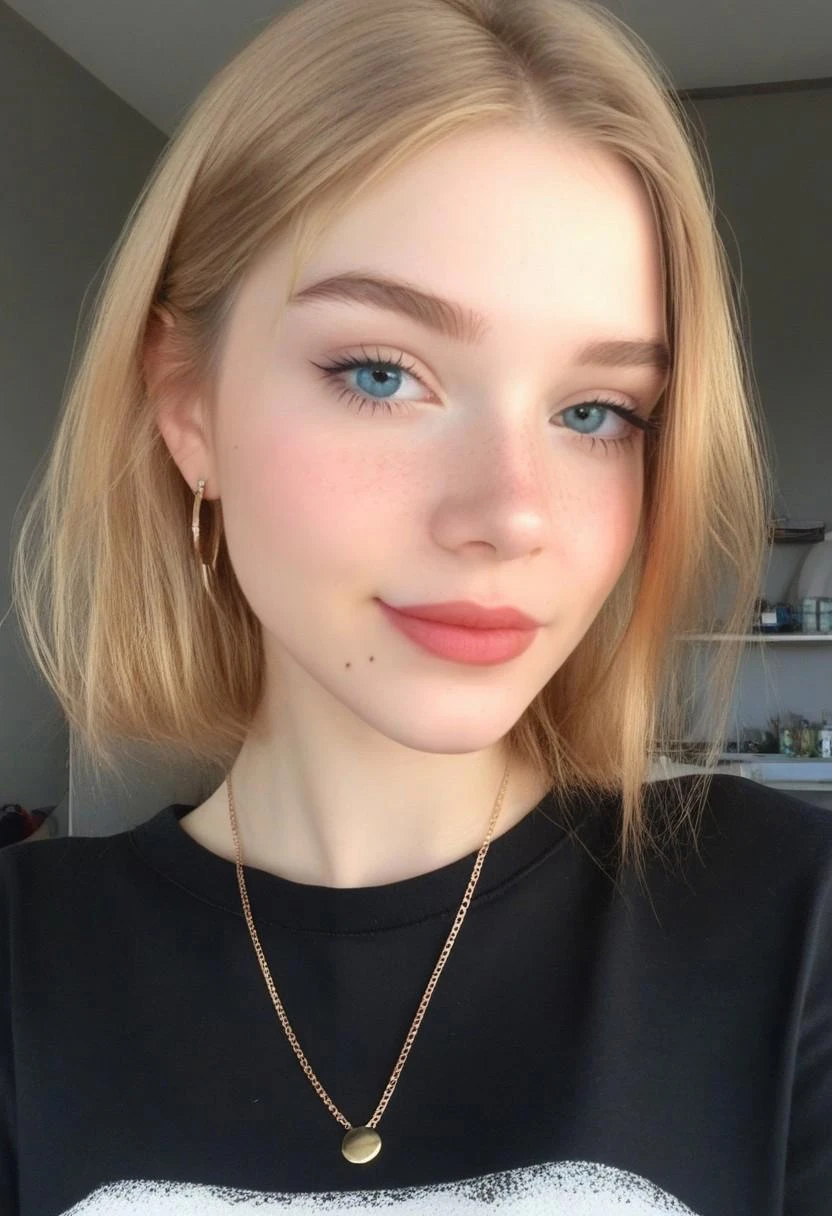 score_9, score_8_up, score_7_up, score_6_up, hyper-realistic, highest quality, masterpiece, rsgrl, russian girl, 1girl, solo, mole, jewelry, looking at viewer, smile, blue eyes, necklace, shirt, brown hair, black shirt, mole under mouth, lips, closed mouth, freckles, mole on cheek, earrings, portrait, blonde hair, mole under eye