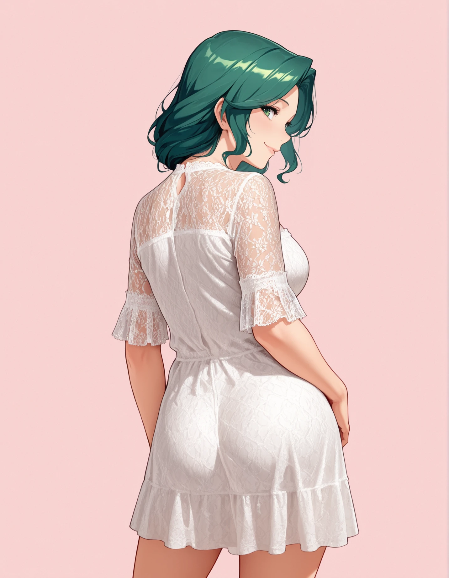 perfect quality, best quality, masterpiece, 1girl, solo, simple background, pink background,
standing, cowboy shot, from behind, looking back, contrapposto,
smile, Side Parted Waves, Emerald hair, green eyes, mature female, medium breasts,
short dress, lace sleeves  <lora:lacefrilldress-illustrious:1>