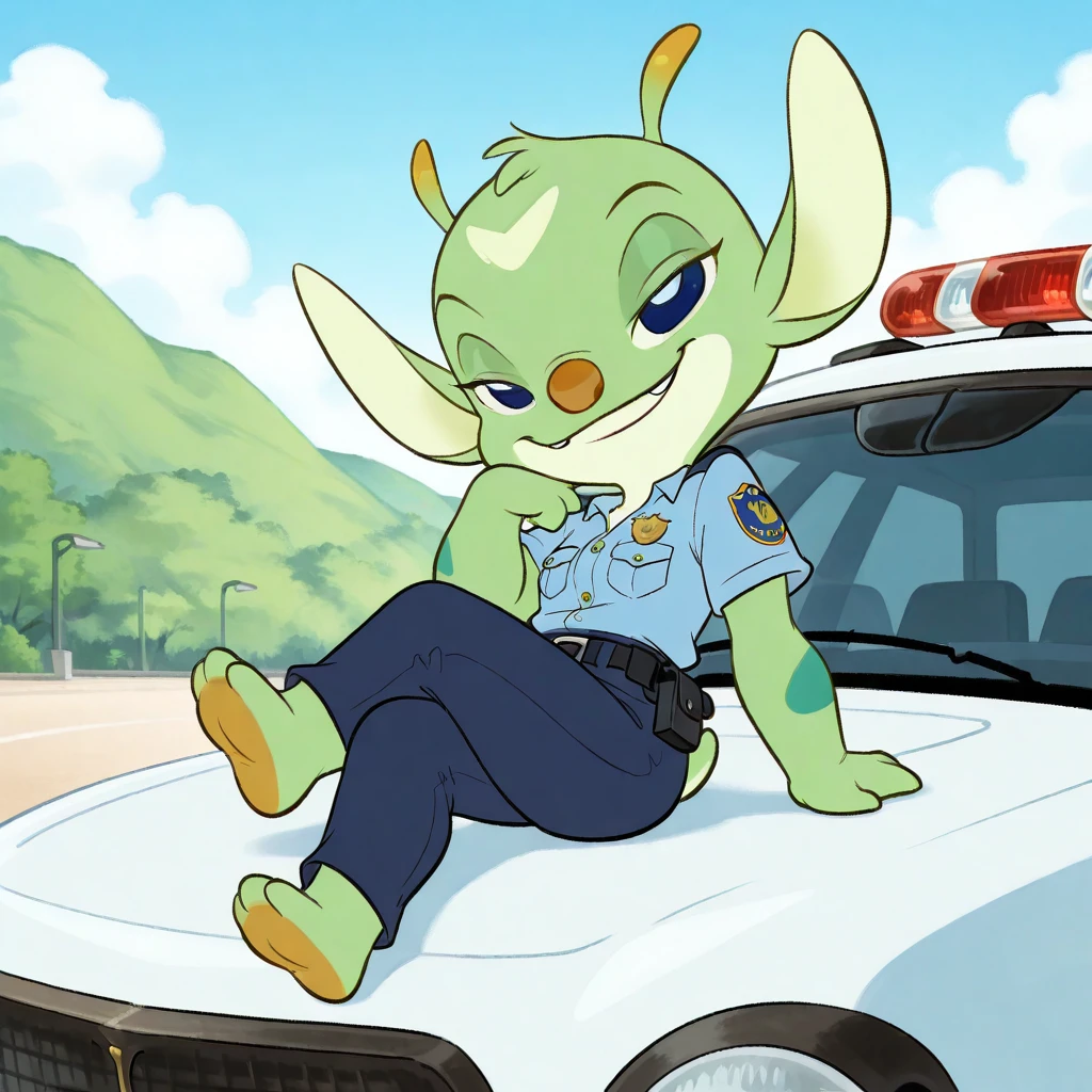 sitting on motor, ((police car)),
<lora:Bonnie_unstableNick_illXL:1.3> exp149,
1girl,
police uniform, shirt, pants, crossed legs,
looking at viewer, smug smile, narrowed eyes,
outdoors, summer, good quality, best quality, masterpiece \(quality\)