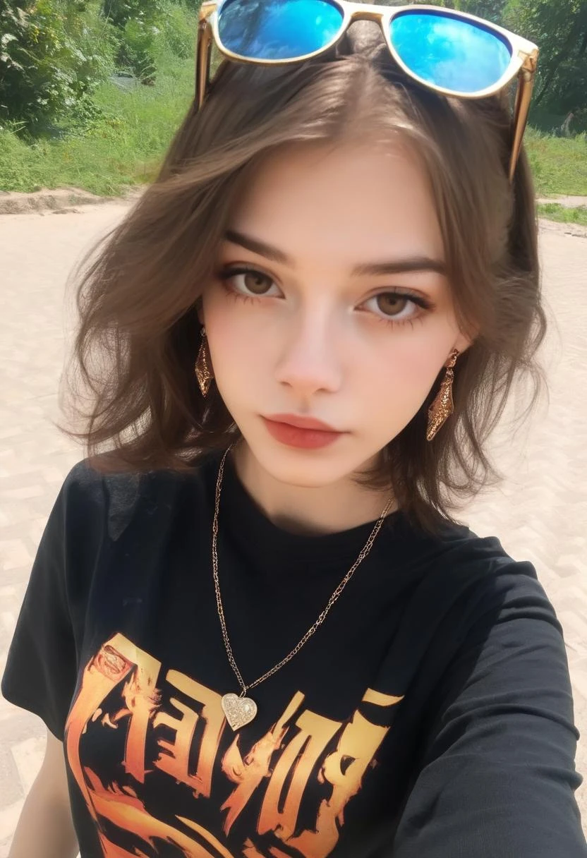 score_9, score_8_up, score_7_up, score_6_up, rsgrl, russian girl, cute russian girl, 1girl, jewelry, solo, eyewear on head, looking at viewer, sunglasses, earrings, necklace, lips, brown eyes, brown hair, shirt, black shirt, closed mouth, short hair, outdoors, red hair, realistic