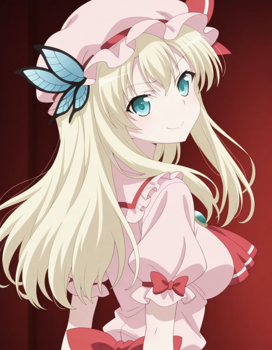 masterpiece, best quality, amazing quality,, <lora:sena-kashiwazaki-s2-illustriousxl-lora-nochekaiser:1>, sena kashiwazaki, long hair, blonde hair, hair ornament, aqua eyes, butterfly hair ornament, mature female, breasts, anime screencap, <lora:remilia-scarlet-cosplay-illustriousxl-lora-nochekaiser:1>, remilia scarlet cosplay, remilia scarlet (cosplay), ascot, collared shirt, crystal, frilled shirt collar, frilled skirt, frills, hat, hat ribbon, mob cap, pink hat, pink shirt, pink skirt, red ascot, red ribbon, ribbon, shirt, short sleeves, skirt, wings,, <lora:shaft-look-illustriousxl-lora-nochekaiser:1>, shaft look, looking back, from behind, head tilt, upper body, smile,, annoyed, , , ,