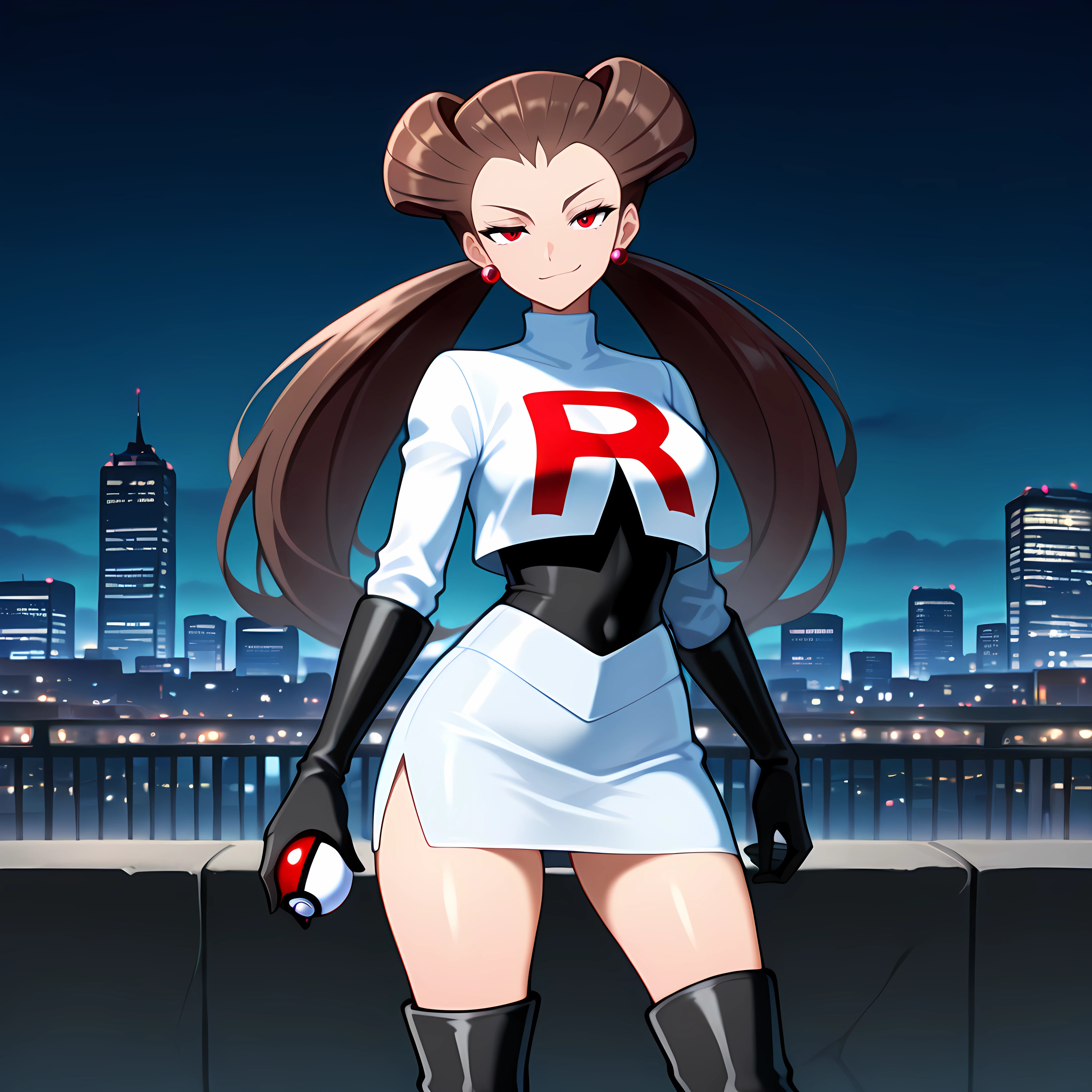 Masterpiece, newest, perfect quality, best quality, 1girl, solo, mature woman, cowboy shot, outdoors,urban, night, cityscape, holding pokeball, smirk, Or4sR0x, red eyes, brown hair, twintails, long hair, hair pulled back, looking at viewer, white shirt, white pencil skirt, thigh slit, black knee boots, team rocket uniform,