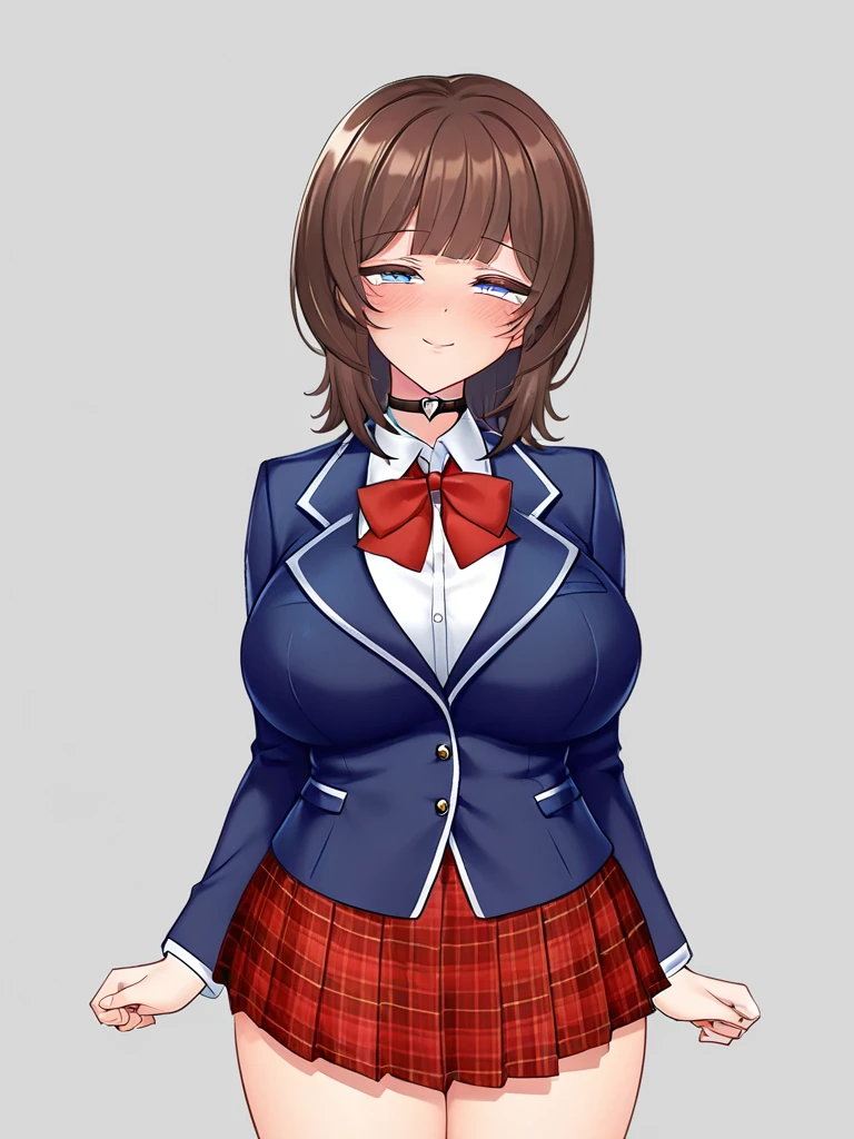 1girl, brown hair, medium hair, blunt bangs, blue eyes, large breasts, school uniform, white shirt, blue blazer, plaid skirt, red skirt, bowtie, heart choker, standing, solo, smile, narrowed eyes, looking at viewer, blush, naughty face,