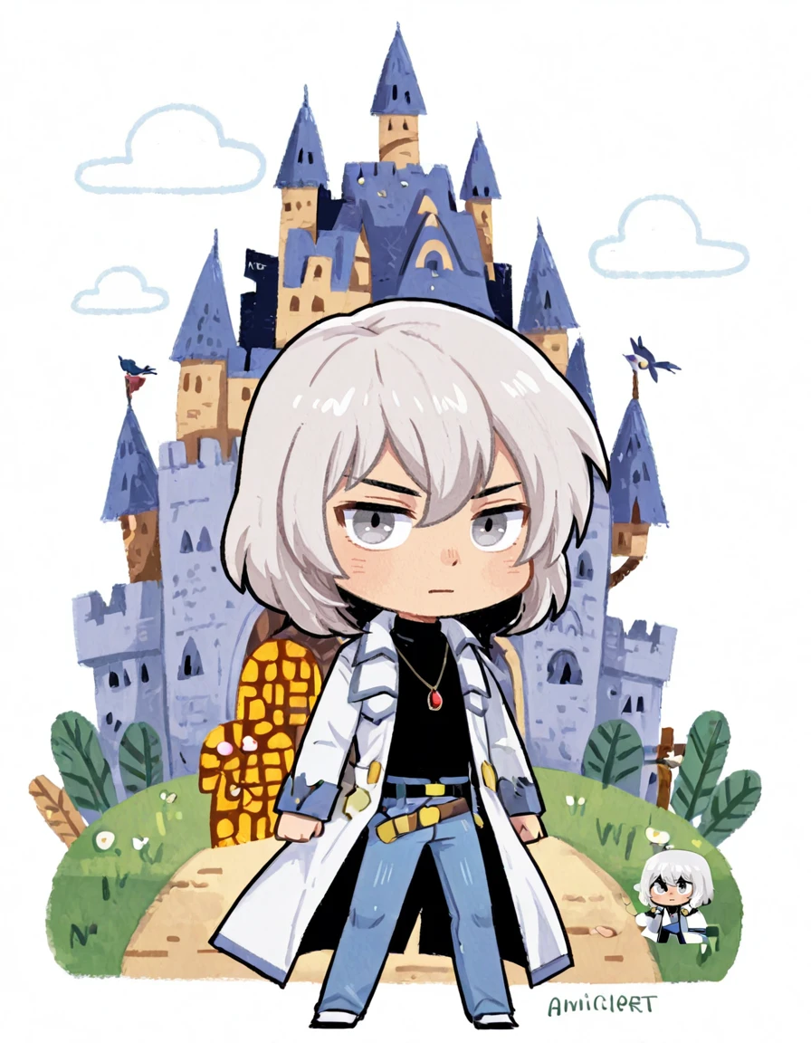 solo, 1boy, male focus, jewelry, belt, coat, denim, pants, jeans, necklace, turtleneck, white hair, grey eyes, pendant, soma cruz <lora:Soma_Cruz_Castlevania_Aria_of_SorrowIllustrious:1> <lora:Amazon(Taitara)_IL:0.8> taitara <lora:Amelicart_style_Illustrious_Xl:0.8> 0mel1c0rt , chibi only, castle