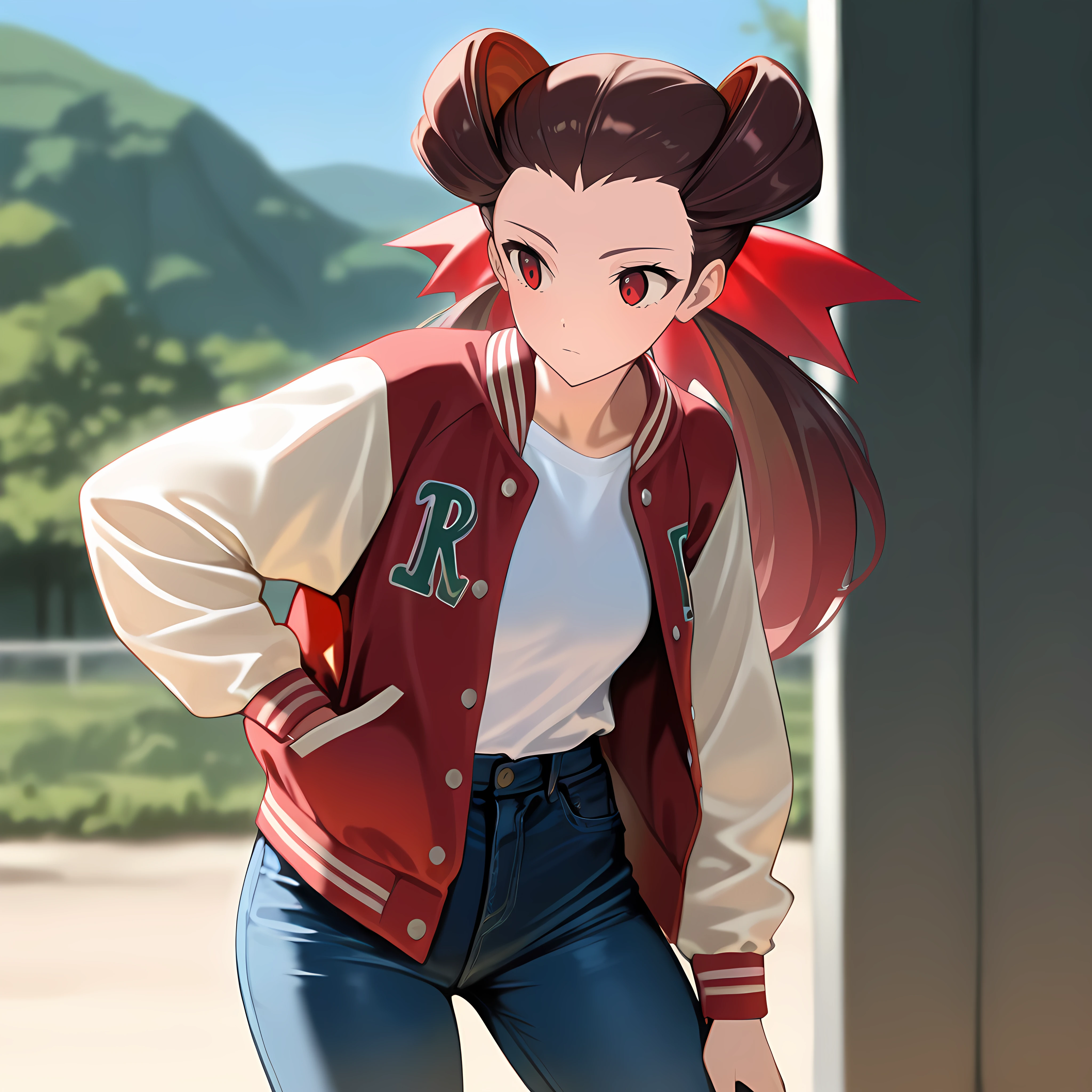 Masterpiece, newest, perfect quality, best quality, 1girl, solo, cowboy shot, outdoors,day, Or4sR0x, red eyes, brown hair, twintails, long hair, hair pulled back,red hair ribbon, red letterman jacket, open jacket, white shirt, jeans