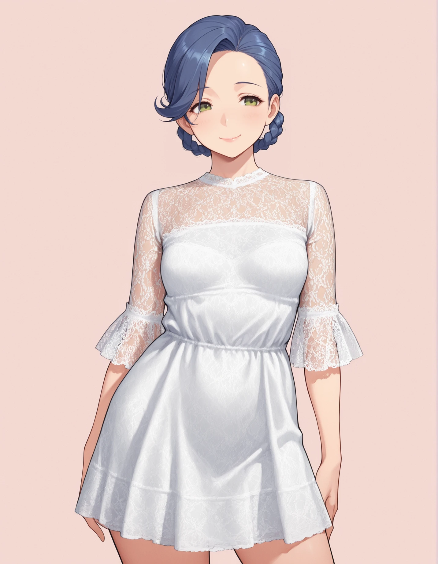 perfect quality, best quality, masterpiece, 1girl, solo, simple background, pink background,
standing, cowboy shot, facing viewer, contrapposto,
smile, Faux Undercut Braid with Hair Rings, Cornflower blue hair, brown eyes, mature female, small breasts,
short dress, lace sleeves <lora:lacefrilldress-illustrious:1>