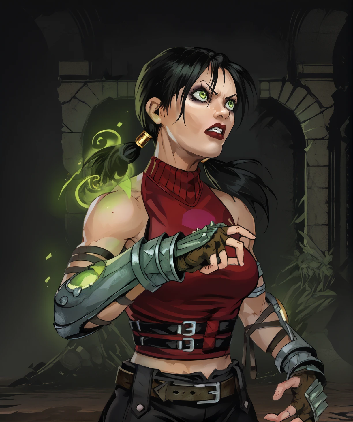 (X-Men evolution Rogue) (human face) (ponytail) (leather jacket) (corset) (military belts) (Warrior) (cocky smile) (tribal tattoos) (green and blue hair) (X-Men Rogue) (Star Trek Jadzia Dax) (2000 Ninja Turtles April) (Greek mythology Athena) (pirate woman) (Star Wars zabrak) (Star Trek trill) (pale skin) (face tattoos) (zabrac face tattoos) (goth) (bo-katan) (cleveg) (low cut top) (sexy) (Bra) Emma Rigby: Pirates of the Caribbean: Emilie de Ravin: Pirates of the Caribbean: corset: cleavage: teardrop boob: cocky smile;