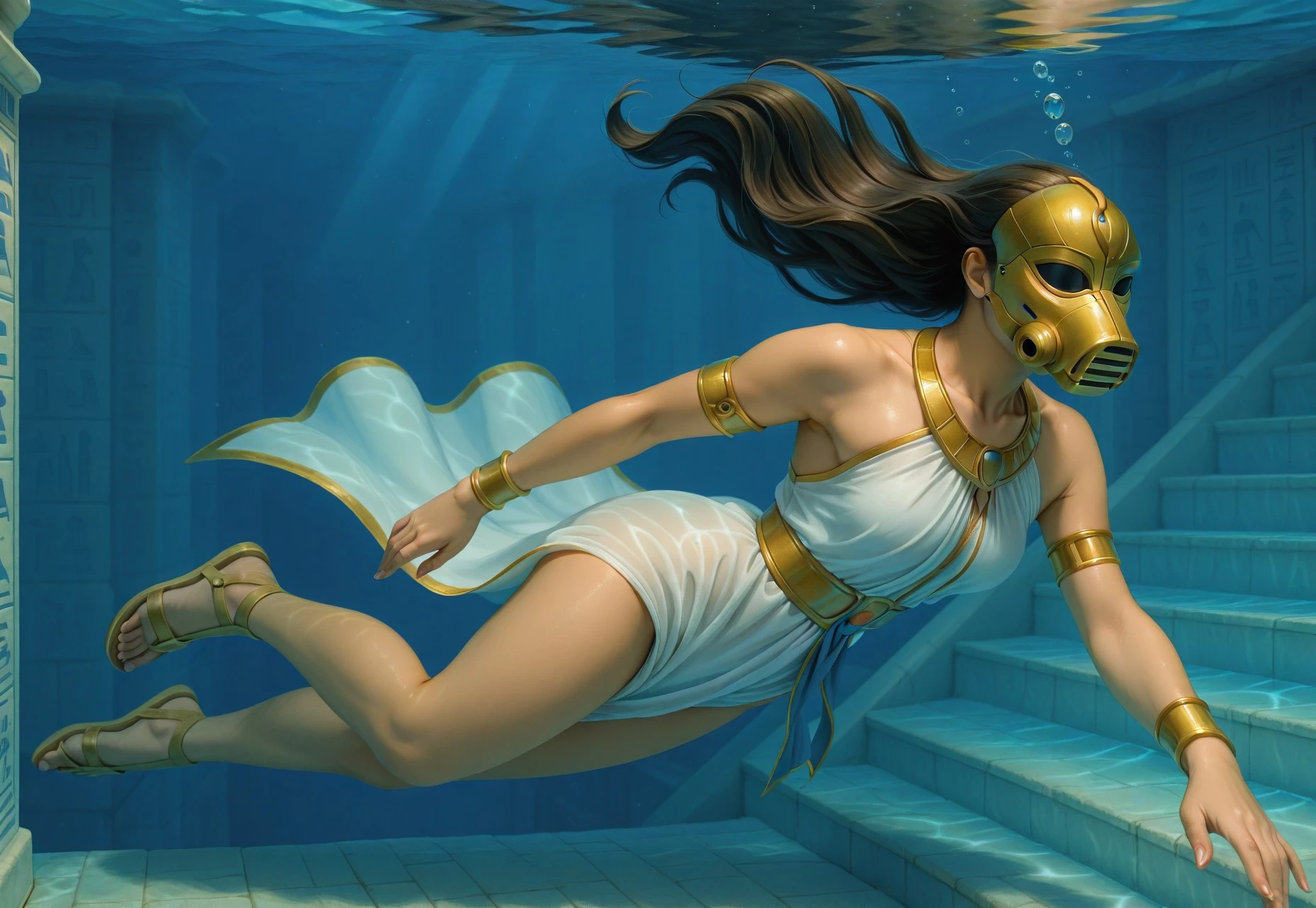 blue background, blue overlay, realistic illustration, incredibly lifelike, female in center of frame, cinematic lighting, female, (wearing sob3kmask over face), black-tinted eyewear, opaque eyewear, 1girl, solo, long hair, brown hair, jewelry, bare shoulders, medium breasts, collarbone, full body, white dress, water, bracelet, floating hair, sandals, armlet, bubble, stairs, underwater, air bubble, bracer, swimming, submerged, egyptian clothes,