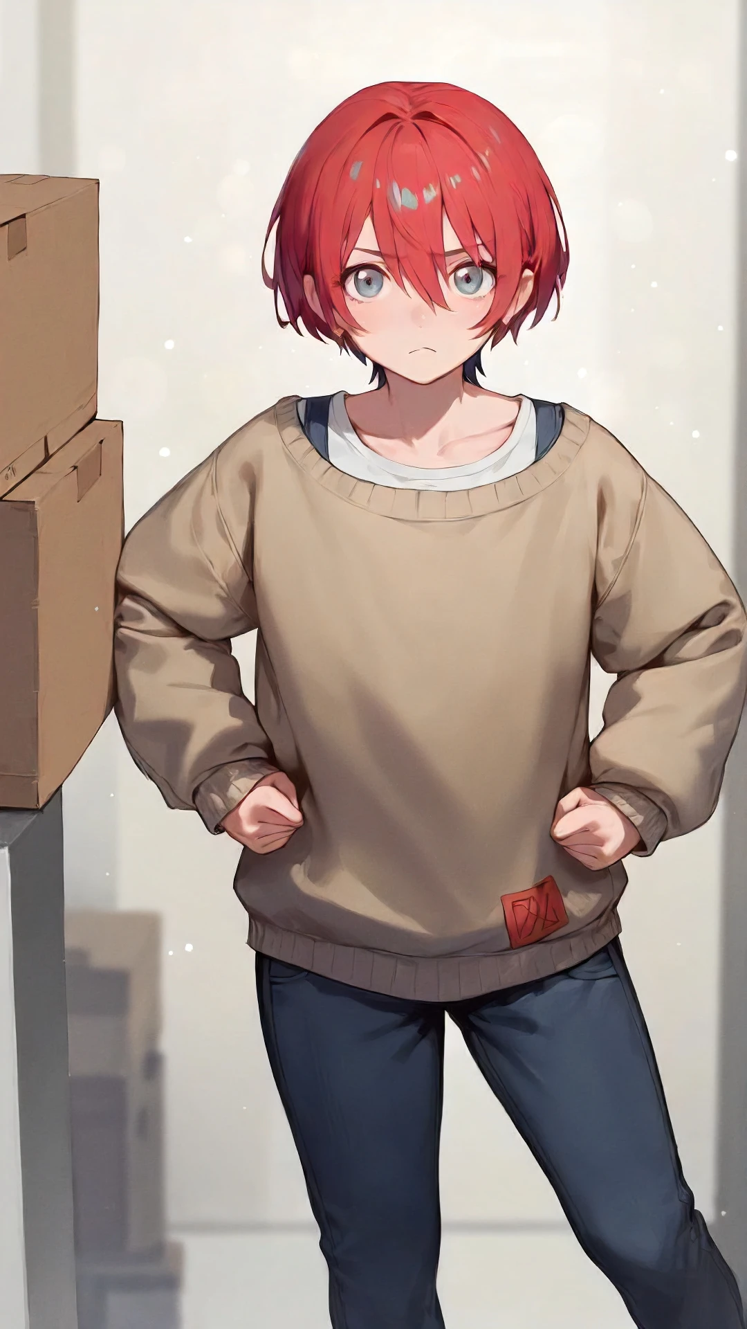 amate_yuzuriha, an anime girl, 1girl, solo, looking at viewer, short hair, bangs, simple background, white background, hair between eyes, closed mouth, collarbone, red hair, frown, box, clenched hands, legs apart, cardboard box
