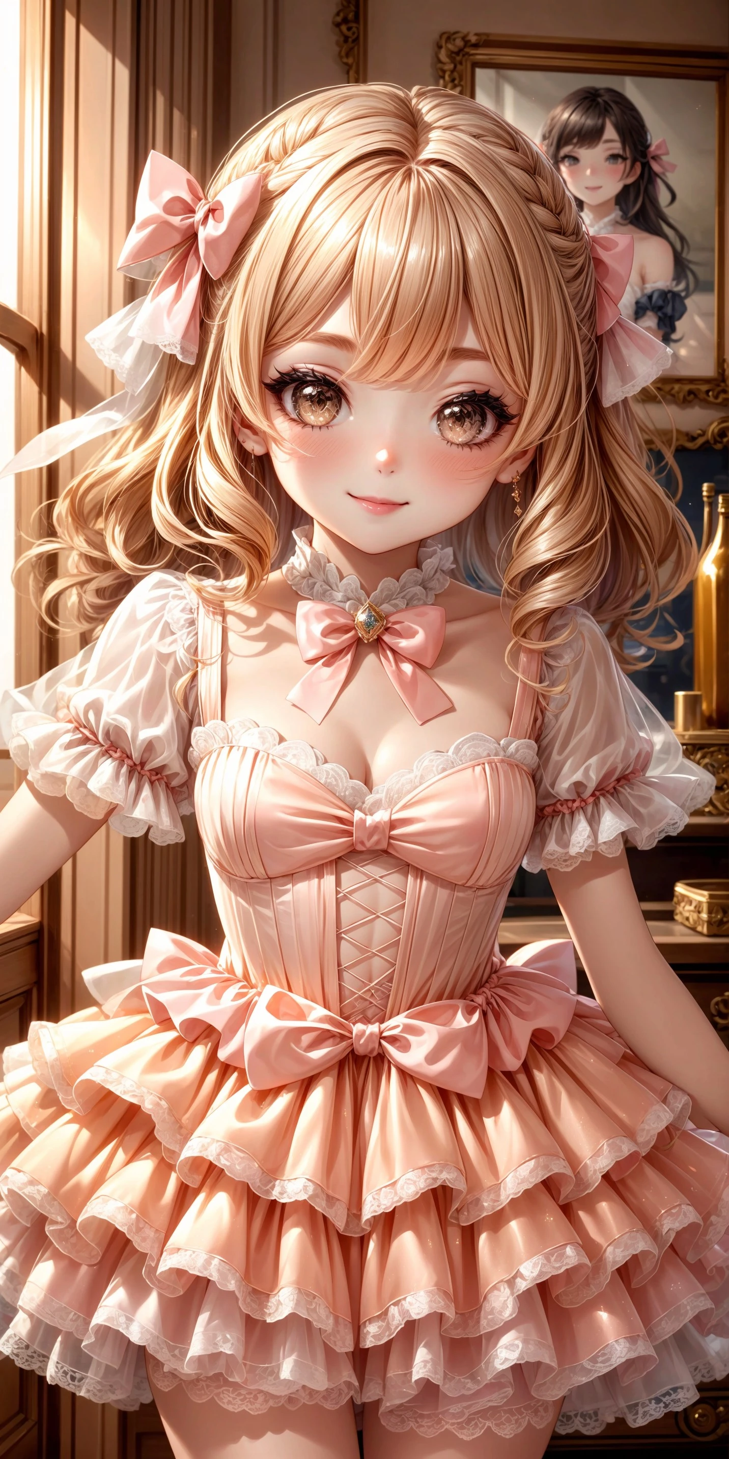 (front facing, facing viewer) 1girl, blush, full face blushing, smile, heirloom_dress, champagne sparkly short layered dress, sweetheart neckline, champagne sparkly flared short sleeves, pale peach satin ribbon trim, (satin ribbon trim on sparkly flared short sleeves), champagne sparkly bodice, pale peach satin waist ribbon, champagne sparkly iridescent short attached layered lace-trimmed skirt, champagne sparkly ruffles, peach frills, bows, pale peach bows, sparkles, glitter, <lora:more_details:0.7>, <lora:scene_:0.5>, <lora:FashionComplexityEnhancerLORAv1:0.4>, <lora:4d900667-037c-437a-8f0d-0d0222dca572:0.6>, <lora:96073874-f082-4683-942e-601cecac5c40:0.3>, <lora:f7d08feb-f21d-42d0-9ef1-a9481867524d:0.3>, <lora:5844635f-c9c3-4f9e-85c4-d0d40f201159:0.3>, <lora:dde4416e-9f24-48d4-a965-d989baea5d73:0.2>, ,