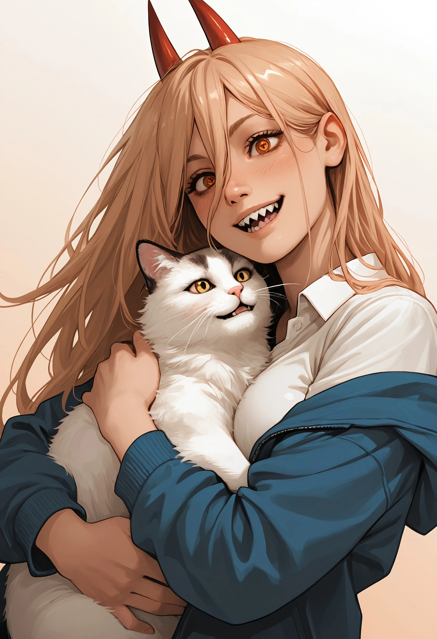 nvro2, meowy_(chainsaw_man), power_(chainsaw_man), 1girl, animal, animal_hug, blonde_hair, blue_jacket, blush, brown_eyes, cat, collared_shirt, cross-shaped_pupils, demon_horns, drop_shadow, film_grain, fluffy, from_side, gradient_background, hair_between_eyes, happy, holding, holding_animal, holding_cat, hood, hood_down, hooded_jacket, hoodie, horns, hug, jacket, long_bangs, long_hair, long_sleeves, looking_at_animal, off_shoulder, open_mouth, orange_eyes, red_horns, sharp_teeth, shirt, smile, solo, symbol-shaped_pupils, teeth, upper_body, white_fur, white_shirt, dynamic dutch angle, detailed lighting, masterpiece, best quality, amazing quality, best resolution, incredibly absurdres, 4k, latest, <lora:4064c259-83c1-405d-bef5-fcc0f7e8c0ac:0.9>