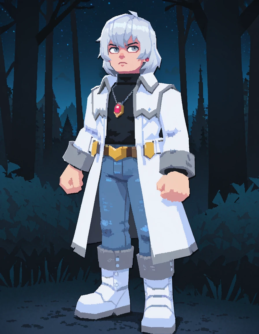 solo, 1boy, male focus, jewelry, belt, coat, denim, pants, jeans, necklace, turtleneck, white hair, grey eyes, pendant, soma cruz , white boots<lora:Soma_Cruz_Castlevania_Aria_of_SorrowIllustrious:0.8> castle, forest, night, lowpoly 3d <lora:LowPoly_3D_Style_IIIustrious:1>full body