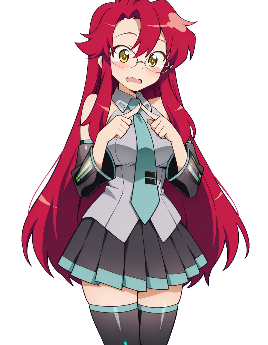 masterpiece, best quality, amazing quality,, <lora:yoko-littner-s1-illustriousxl-lora-nochekaiser:1>, yoko littner, long hair, yellow eyes, red hair, glasses, hair down, mature female, breasts, anime screencap, <lora:hatsune-miku-cosplay-illustriousxl-lora-nochekaiser:1>, hatsune miku cosplay, hatsune miku (cosplay), aqua necktie, black footwear, black skirt, black sleeves, boots, collared shirt, detached sleeves, grey shirt, necktie, pleated skirt, shirt, skirt, sleeveless, sleeveless shirt, thigh boots, tie clip,, <lora:fidgeting-index-fingers-together-illustriousxl-lora-nochekaiser:1>, fidgeting index fingers together, index fingers together, open mouth, looking at viewer, fidgeting, blush, tearing up, upper body, surprised, , <lora:transparent-background-illustriousxl-lora-nochekaiser:1>, transparent background, simple background, white background, ,