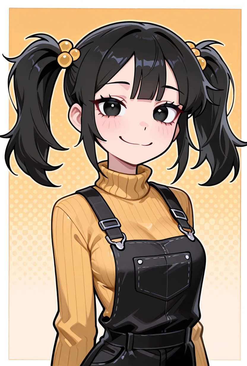 <lora:cassidyfnaf-10:1> cassidyfnaf, 1girl, twintails, black hair, hair ornament, long sleeves, yellow sweater, hair bobbles, turtleneck sweater, black overalls dress, yellow background, medium breasts, looking at viewer, smile,, masterpiece, best quality, amazing quality, very aesthetic, absurdres, newest,, upper body, halftone effect, white borders, abstract background:1.2,